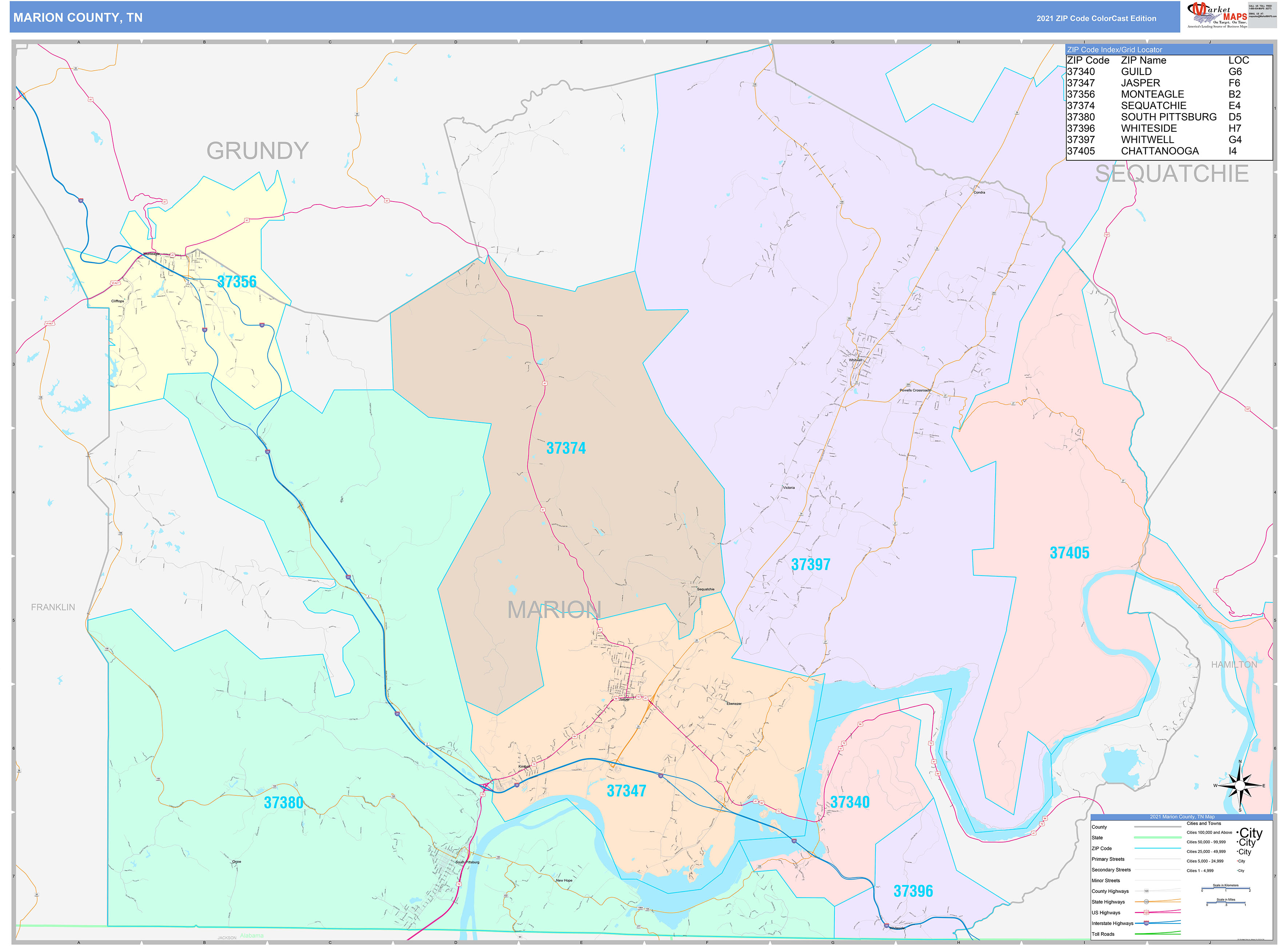 Marion County, TN Wall Map Color Cast Style by MarketMAPS