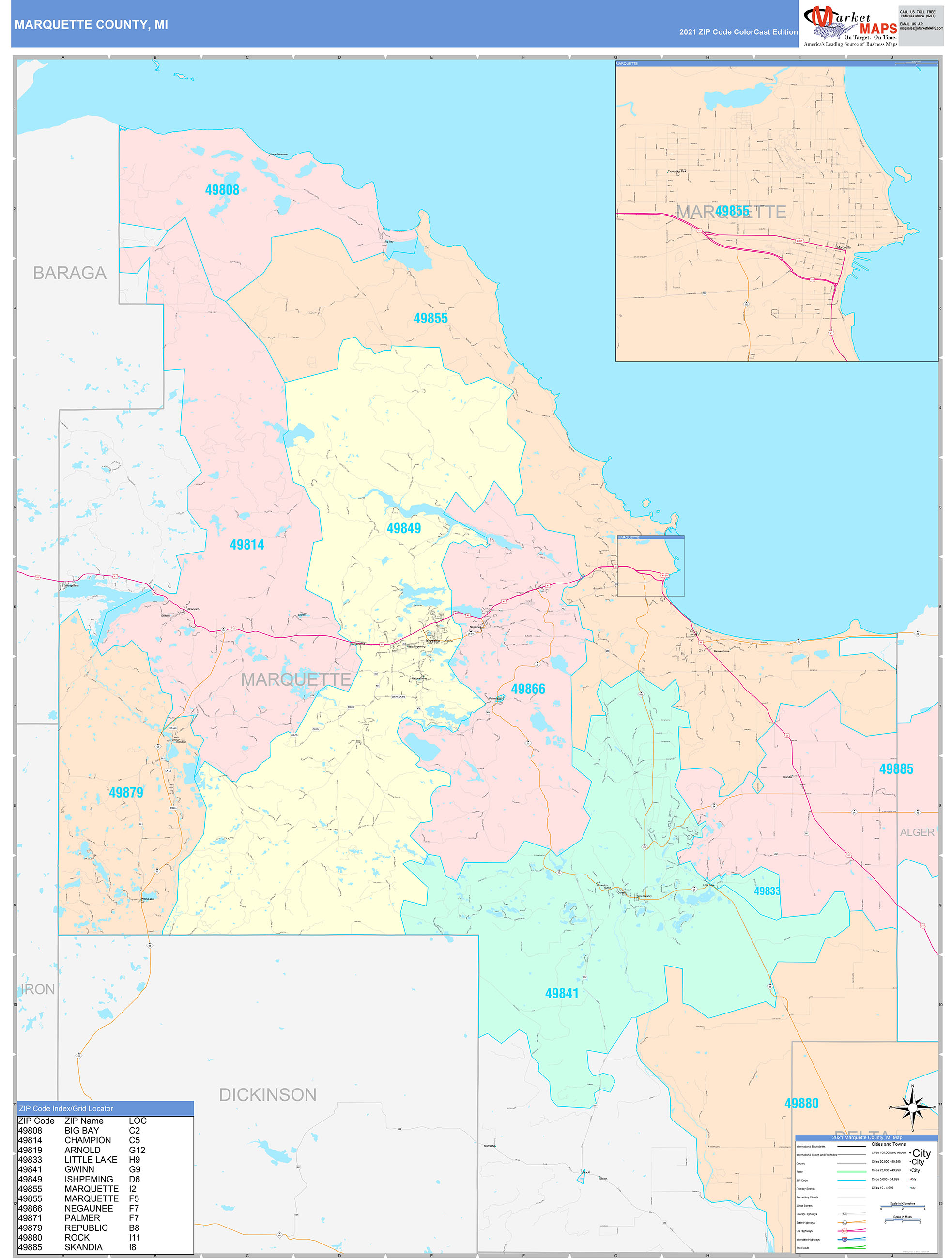 Marquette County, MI Wall Map Color Cast Style by MarketMAPS