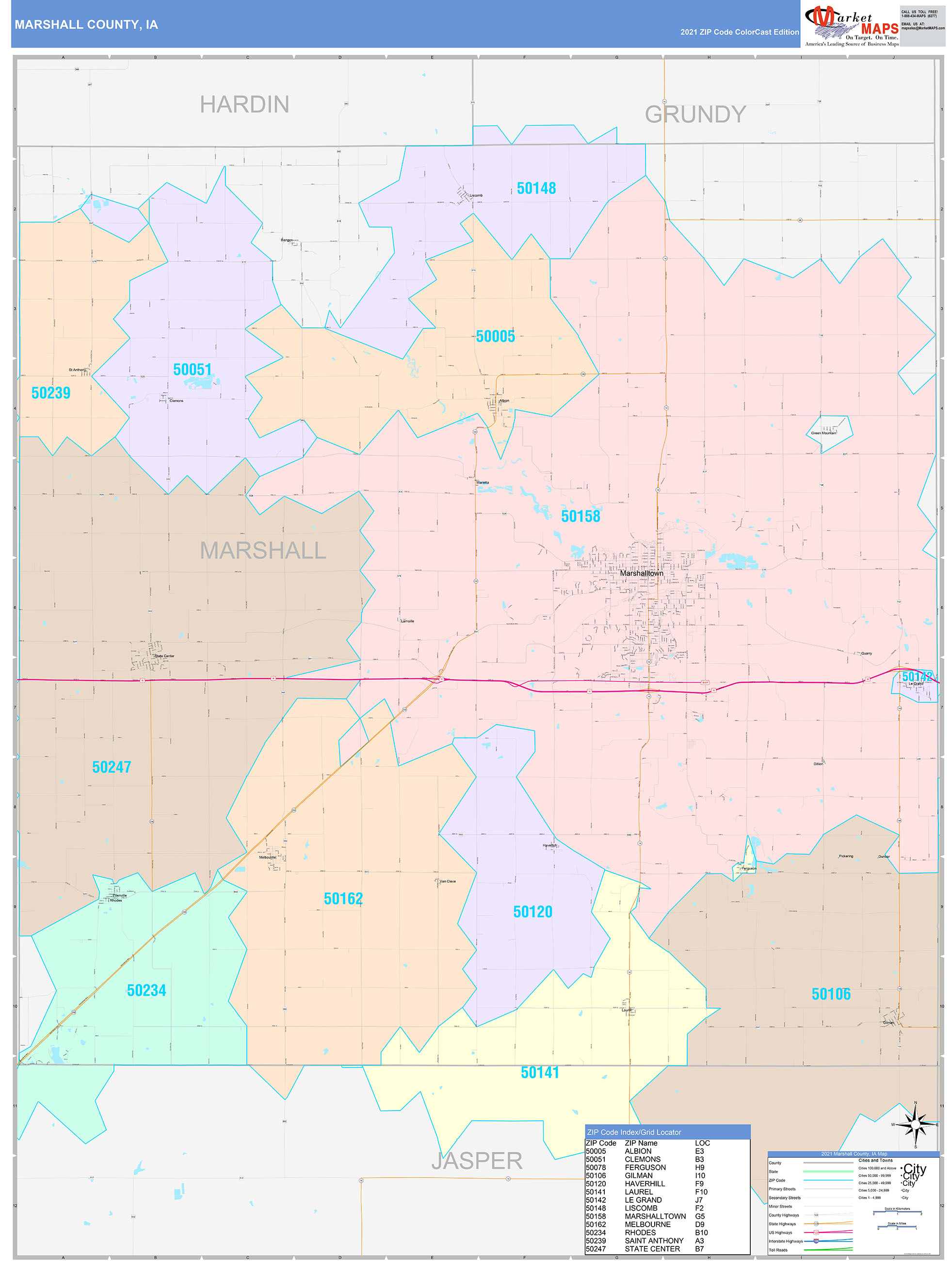 Marshall County, IA Wall Map Color Cast Style by MarketMAPS - MapSales.com