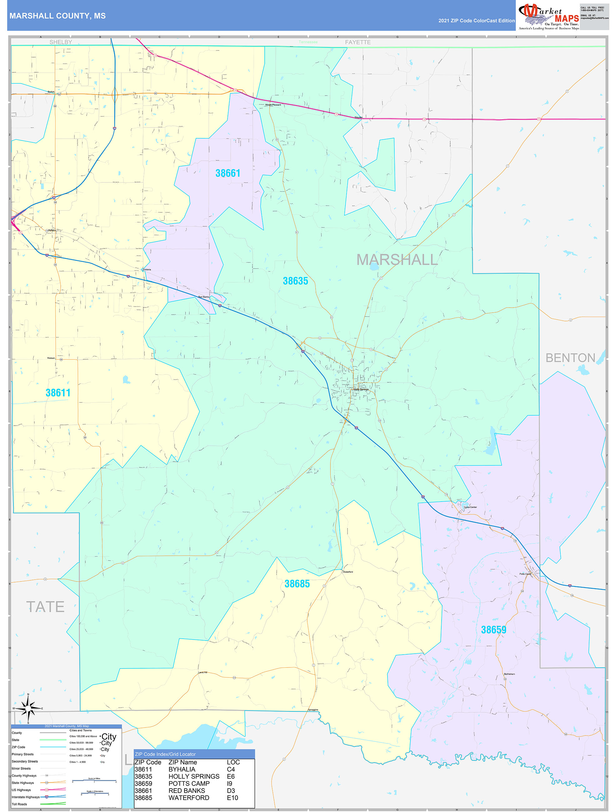 Marshall County, MS Wall Map Color Cast Style by MarketMAPS