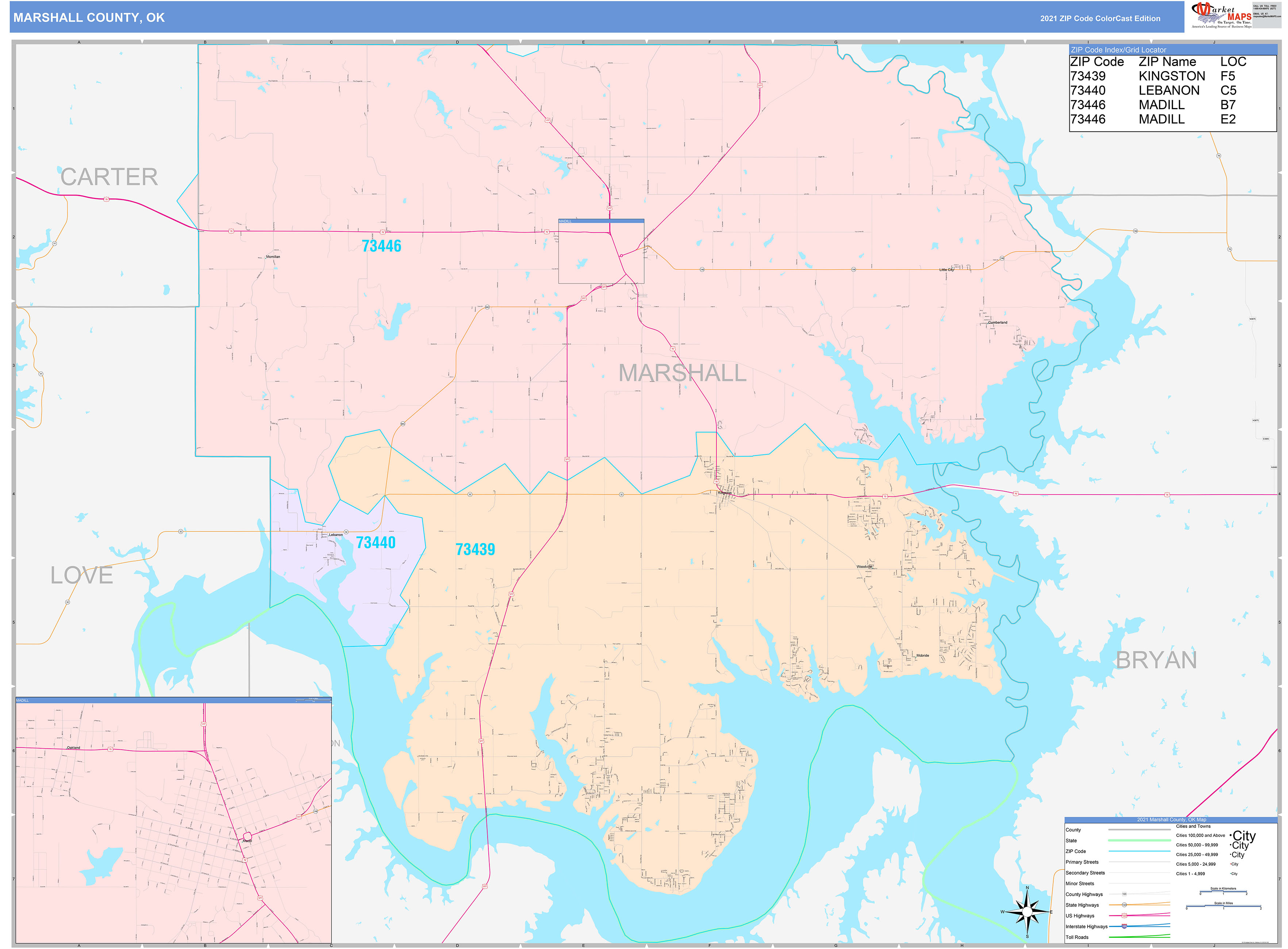 Marshall County, OK Wall Map Color Cast Style by MarketMAPS