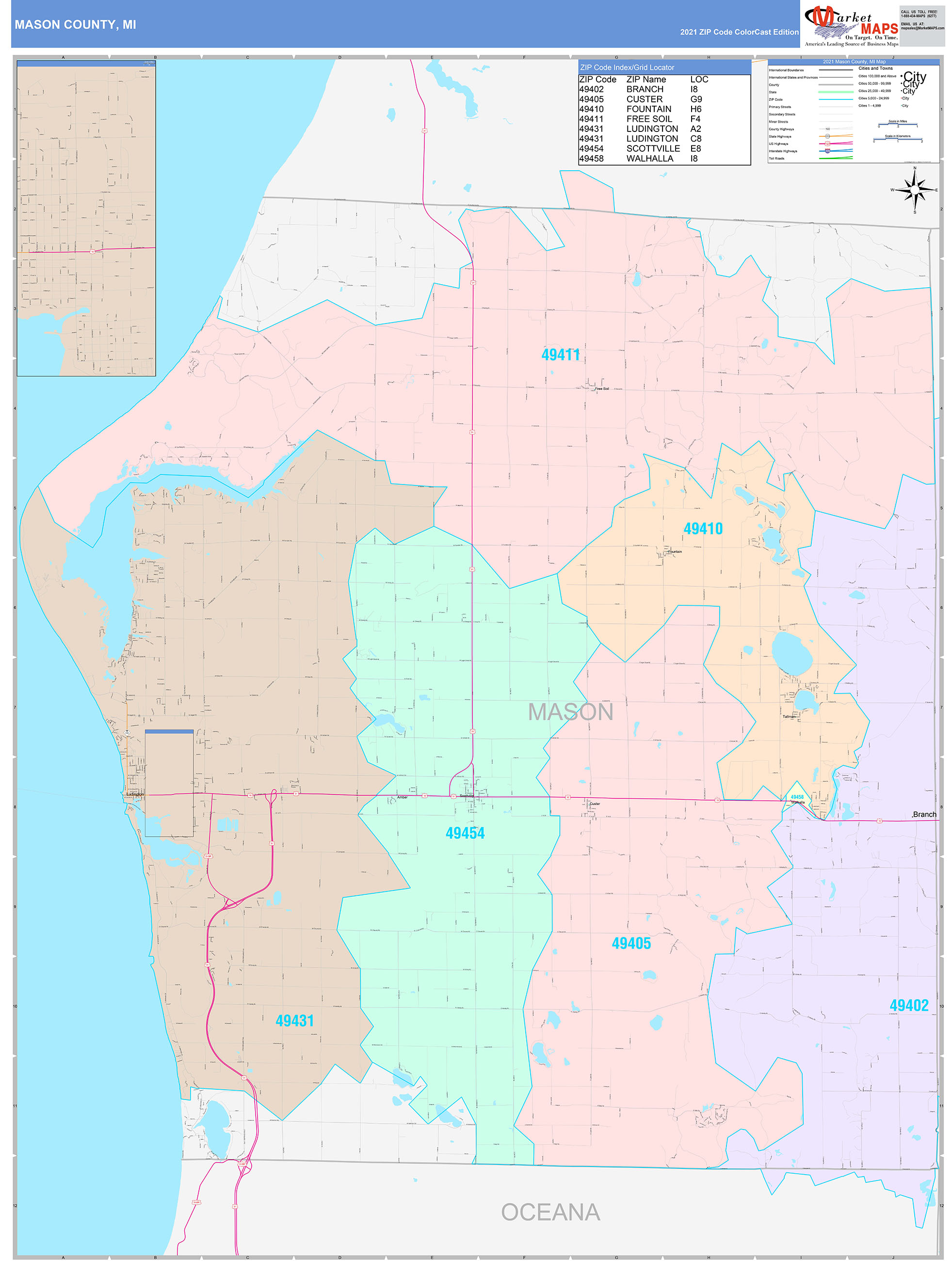 Mason County, MI Wall Map Color Cast Style by MarketMAPS - MapSales