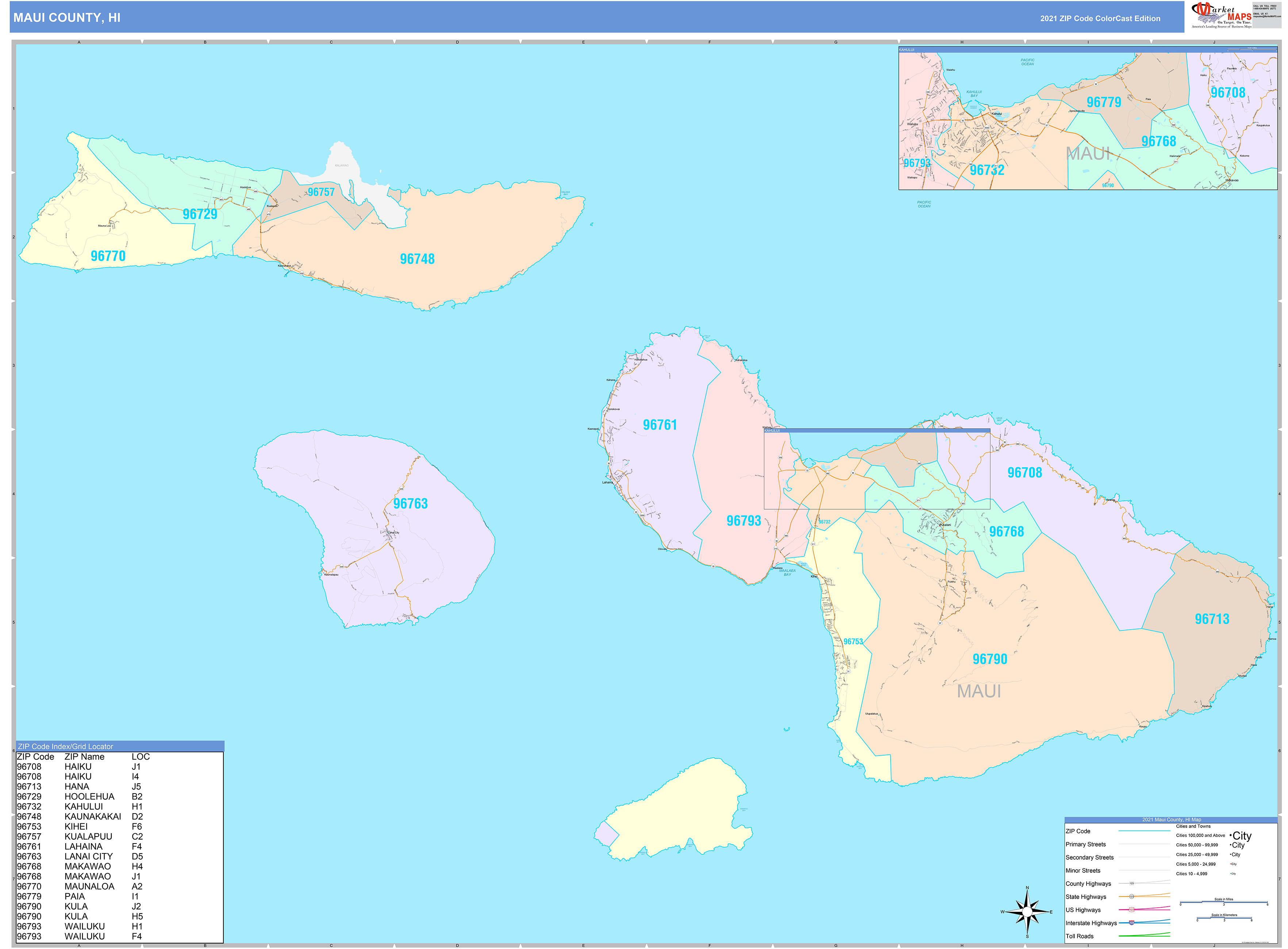 Maui County, HI Wall Map Color Cast Style by MarketMAPS - MapSales