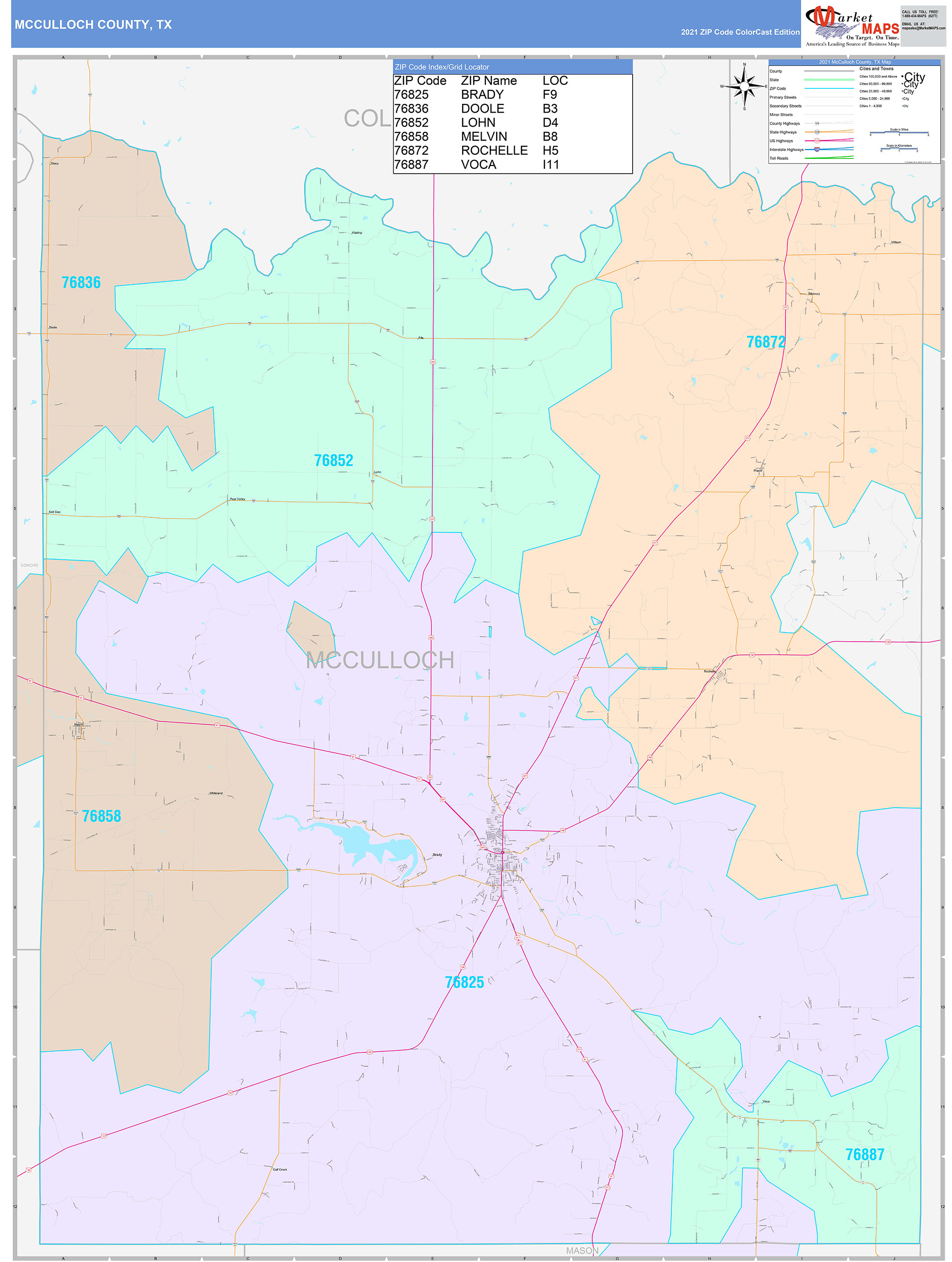 McCulloch County, TX Wall Map Color Cast Style by MarketMAPS