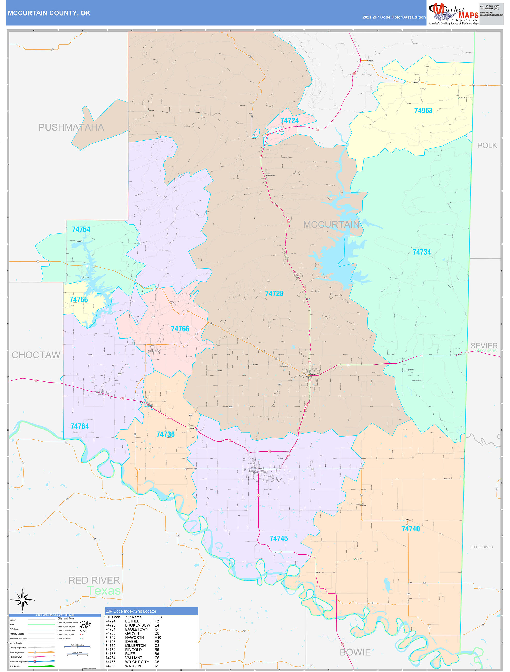 McCurtain County, OK Wall Map Color Cast Style by MarketMAPS