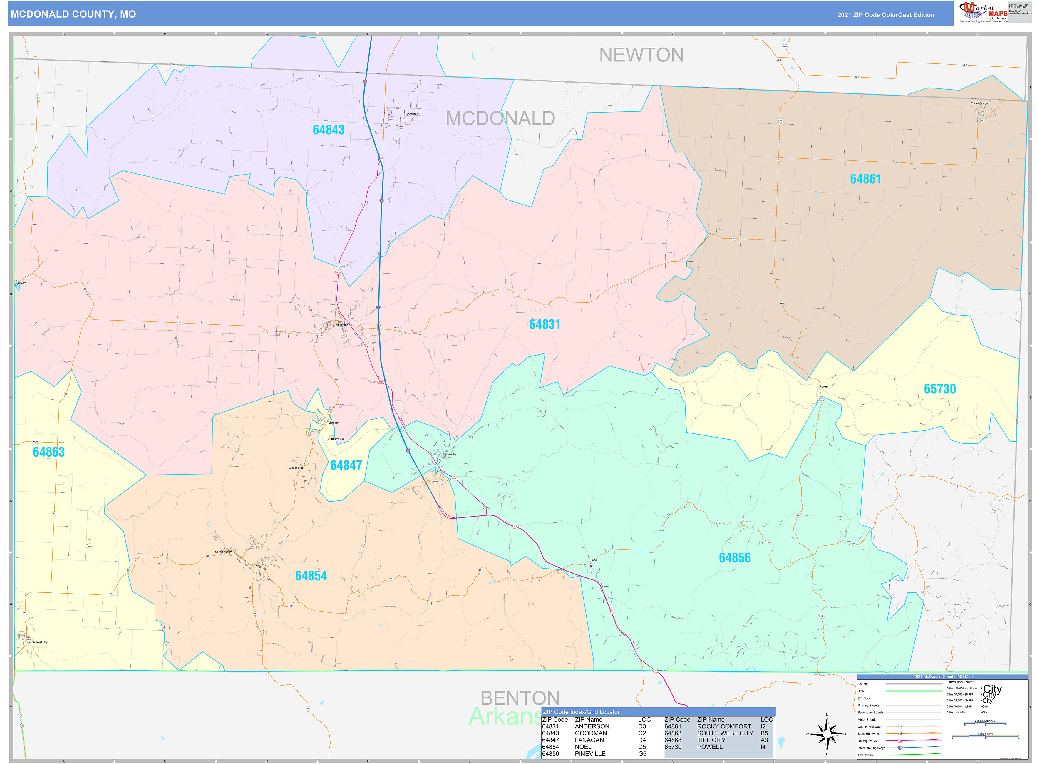 McDonald County, MO Wall Map Color Cast Style by MarketMAPS