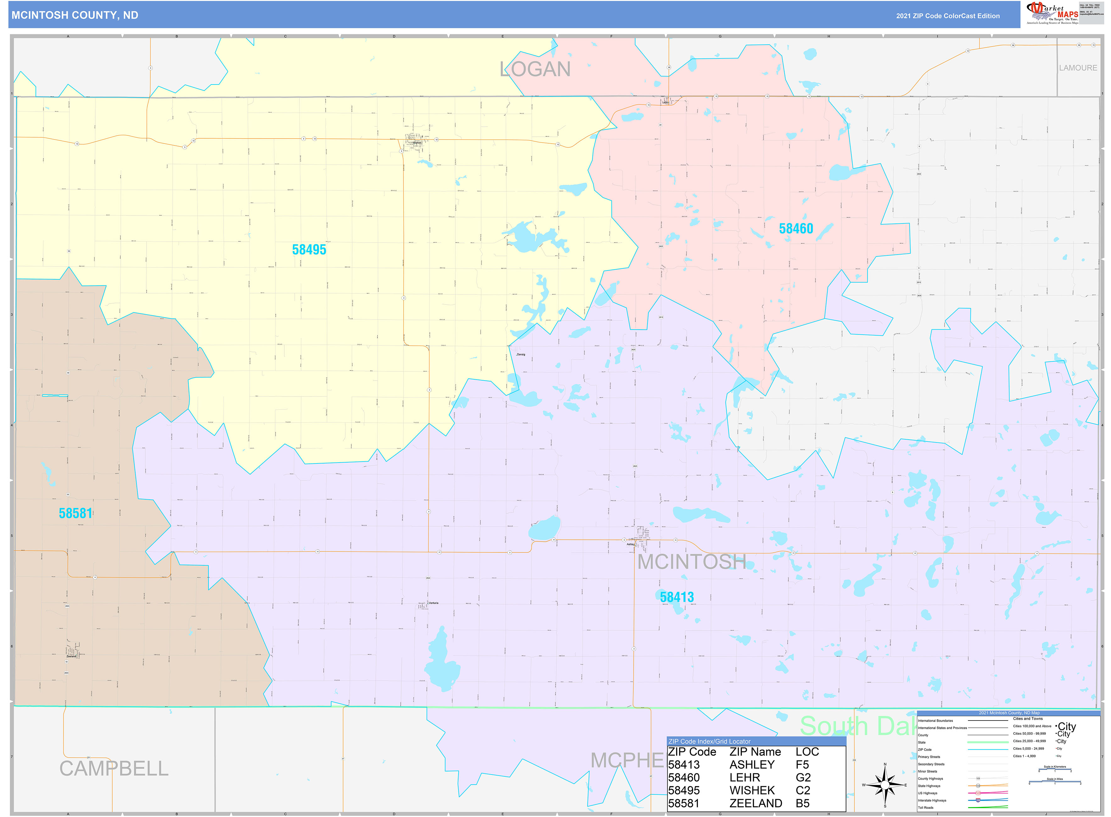 Mcintosh County Nd Wall Map Color Cast Style By Marketmaps 8509