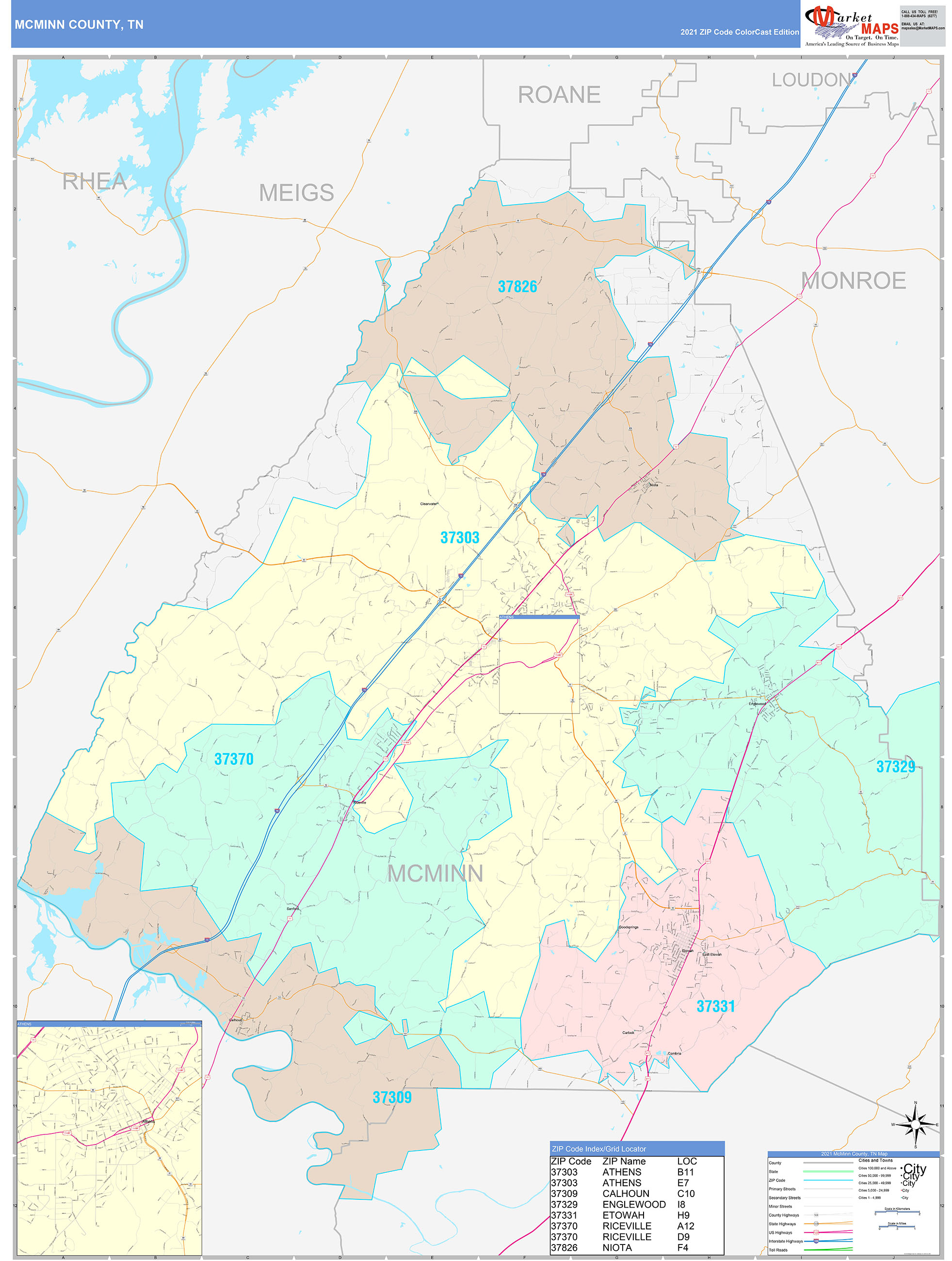 McMinn County, TN Wall Map Color Cast Style by MarketMAPS