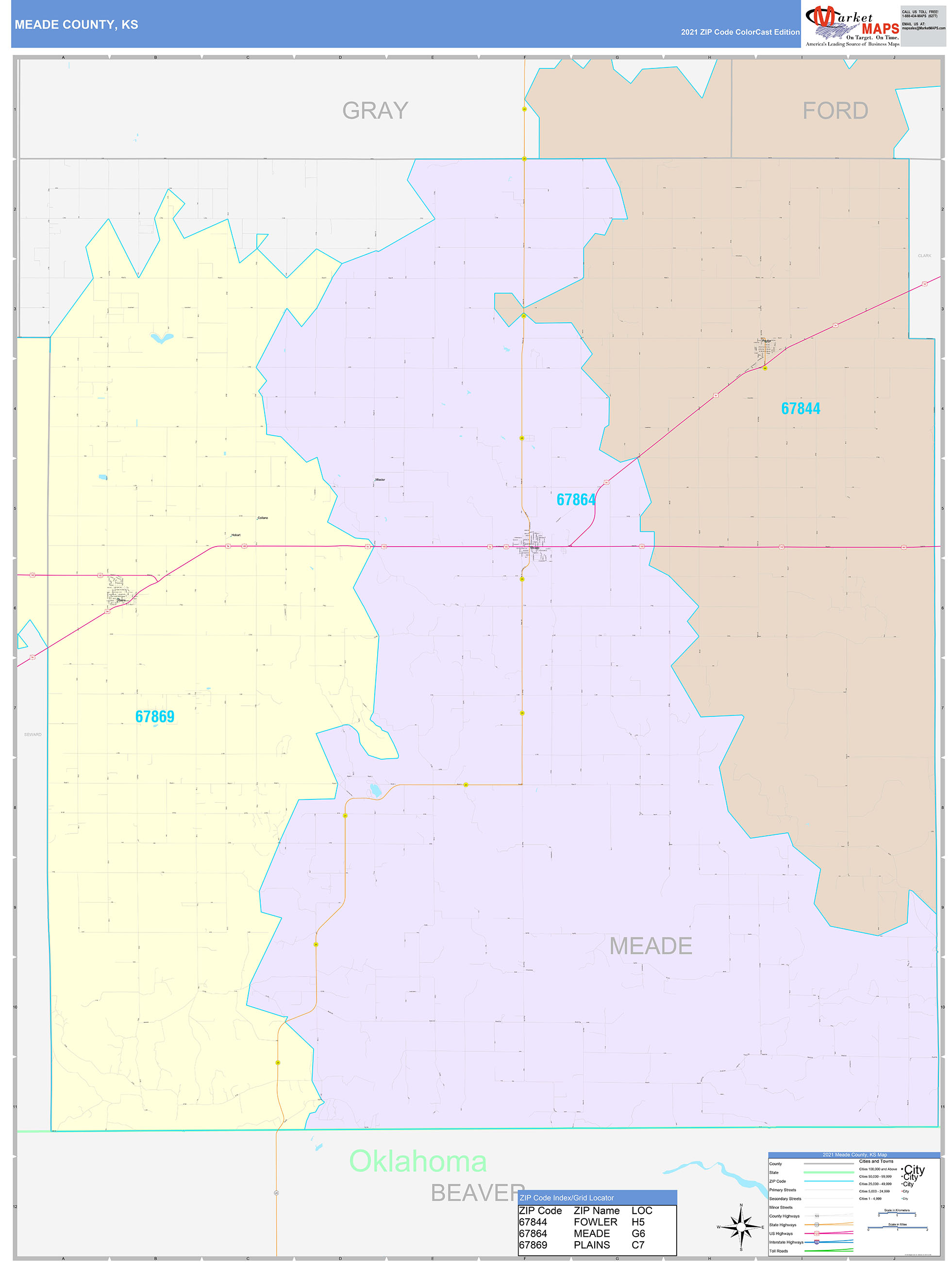 Meade County, KS Wall Map Color Cast Style by MarketMAPS