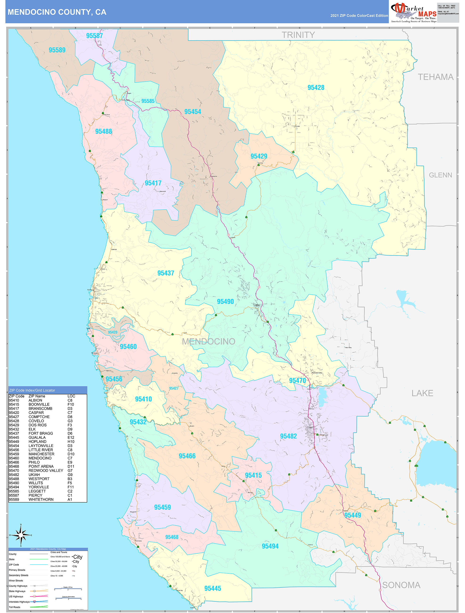 Mendocino County CA Wall Map Color Cast Style By MarketMAPS   Mendocino CA 