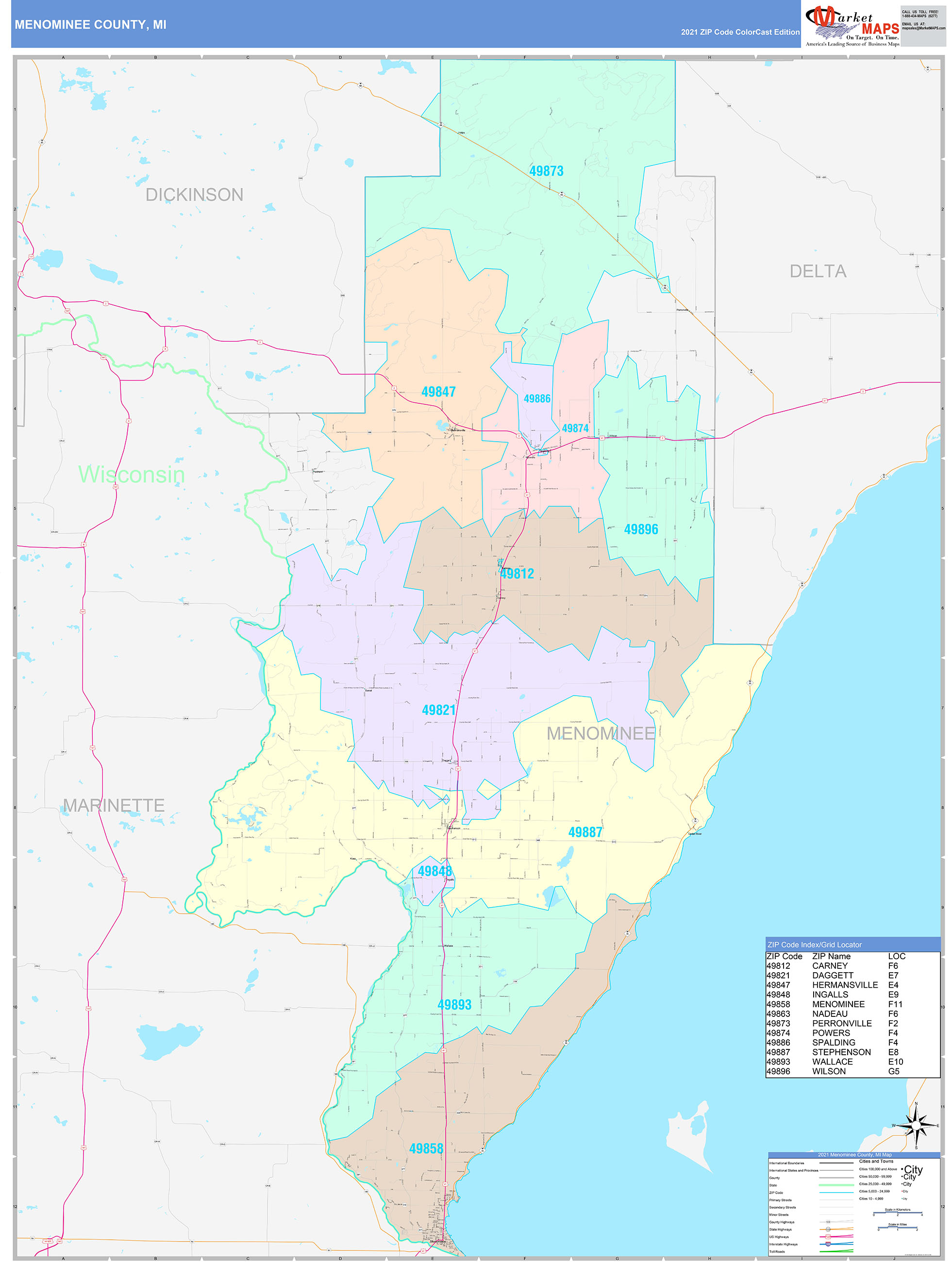 Menominee County Mi Wall Map Color Cast Style By Marketmaps 8668