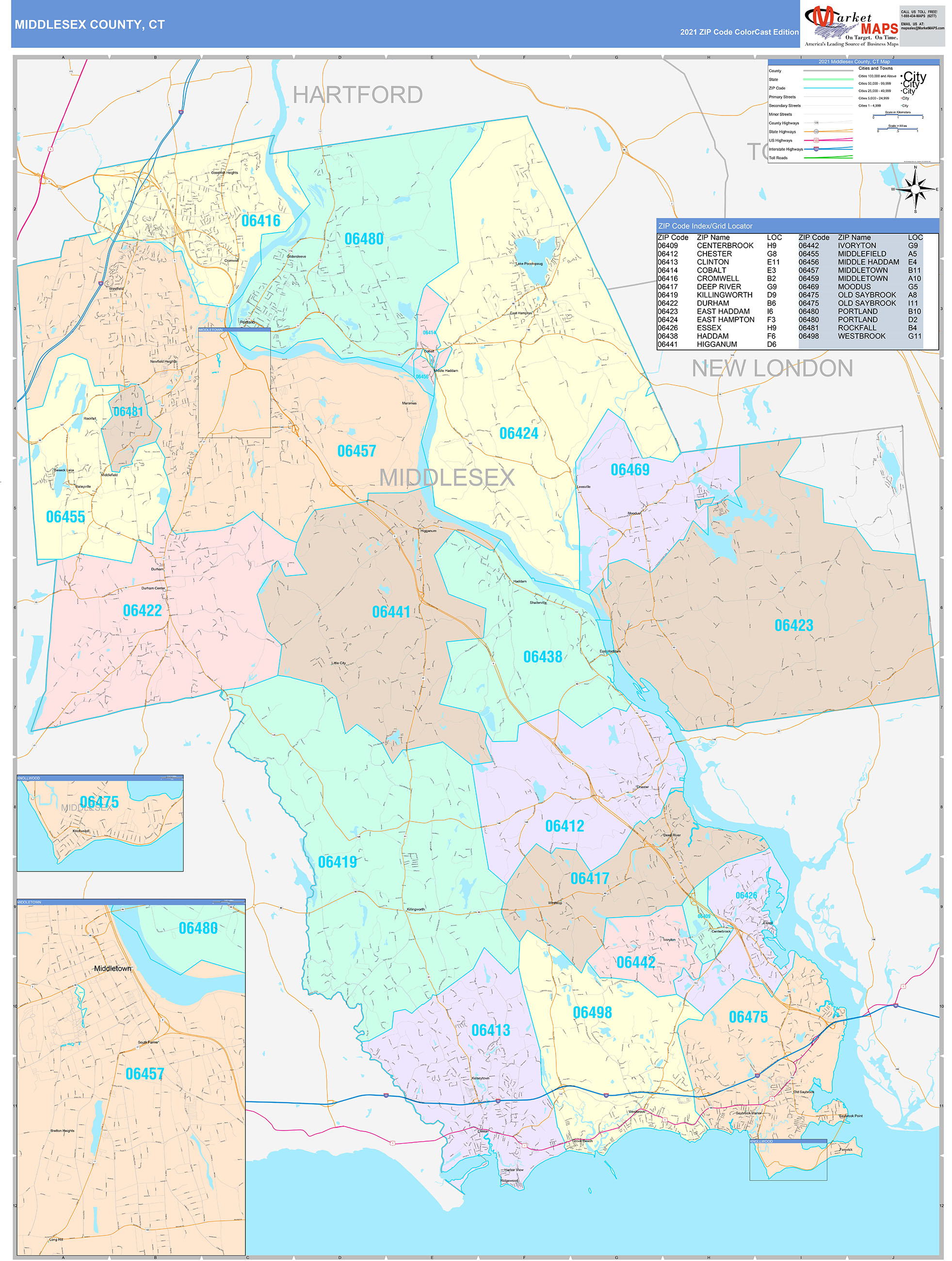 Middlesex County Ct Wall Map Color Cast Style By Marketmaps 6815