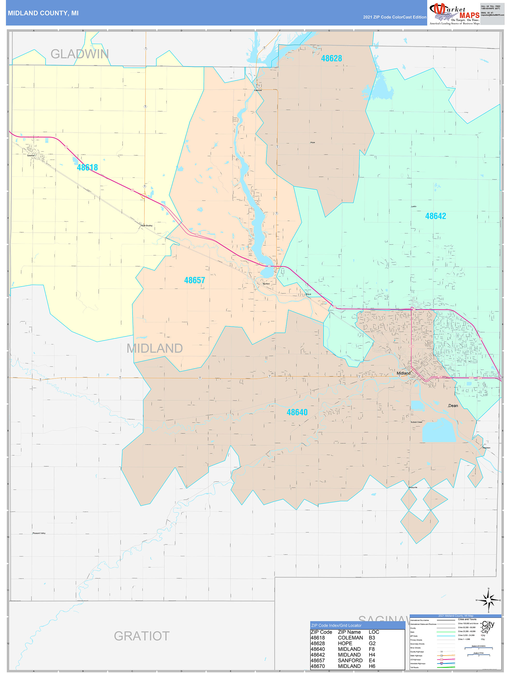 Midland County, MI Wall Map Color Cast Style by MarketMAPS