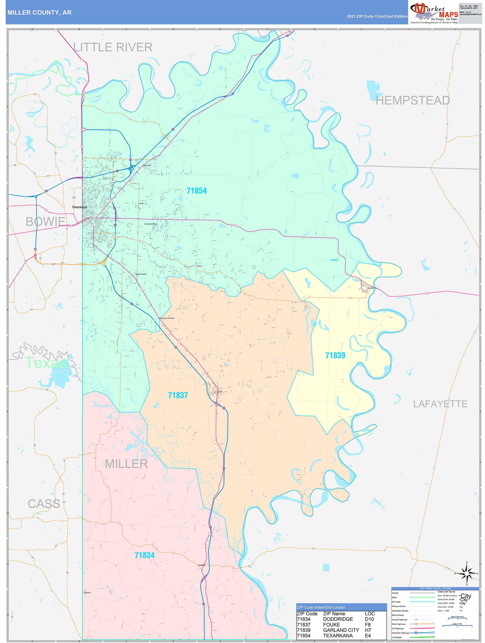 Miller County, AR Wall Map Color Cast Style by MarketMAPS - MapSales.com