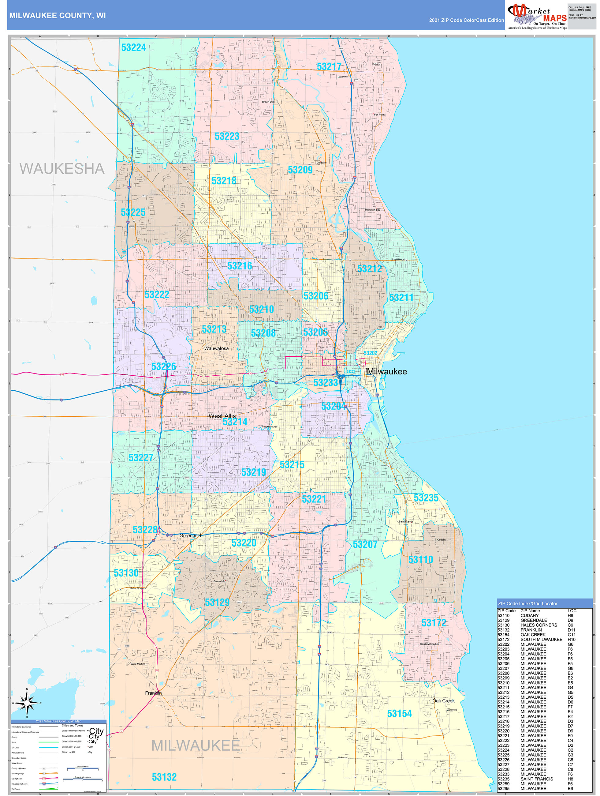 Milwaukee County, WI Wall Map Color Cast Style by MarketMAPS MapSales