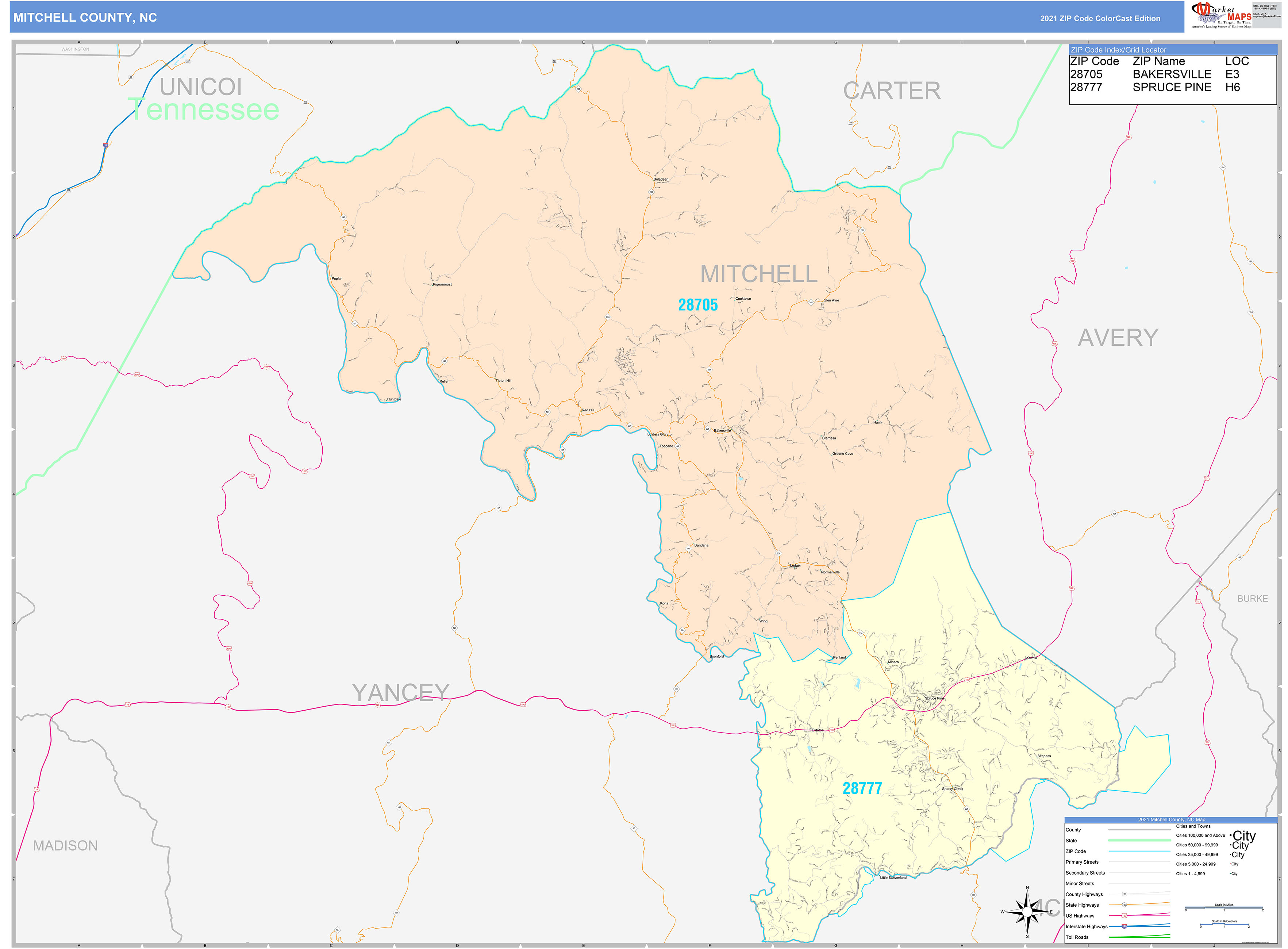 Mitchell County, NC Wall Map Color Cast Style by MarketMAPS MapSales