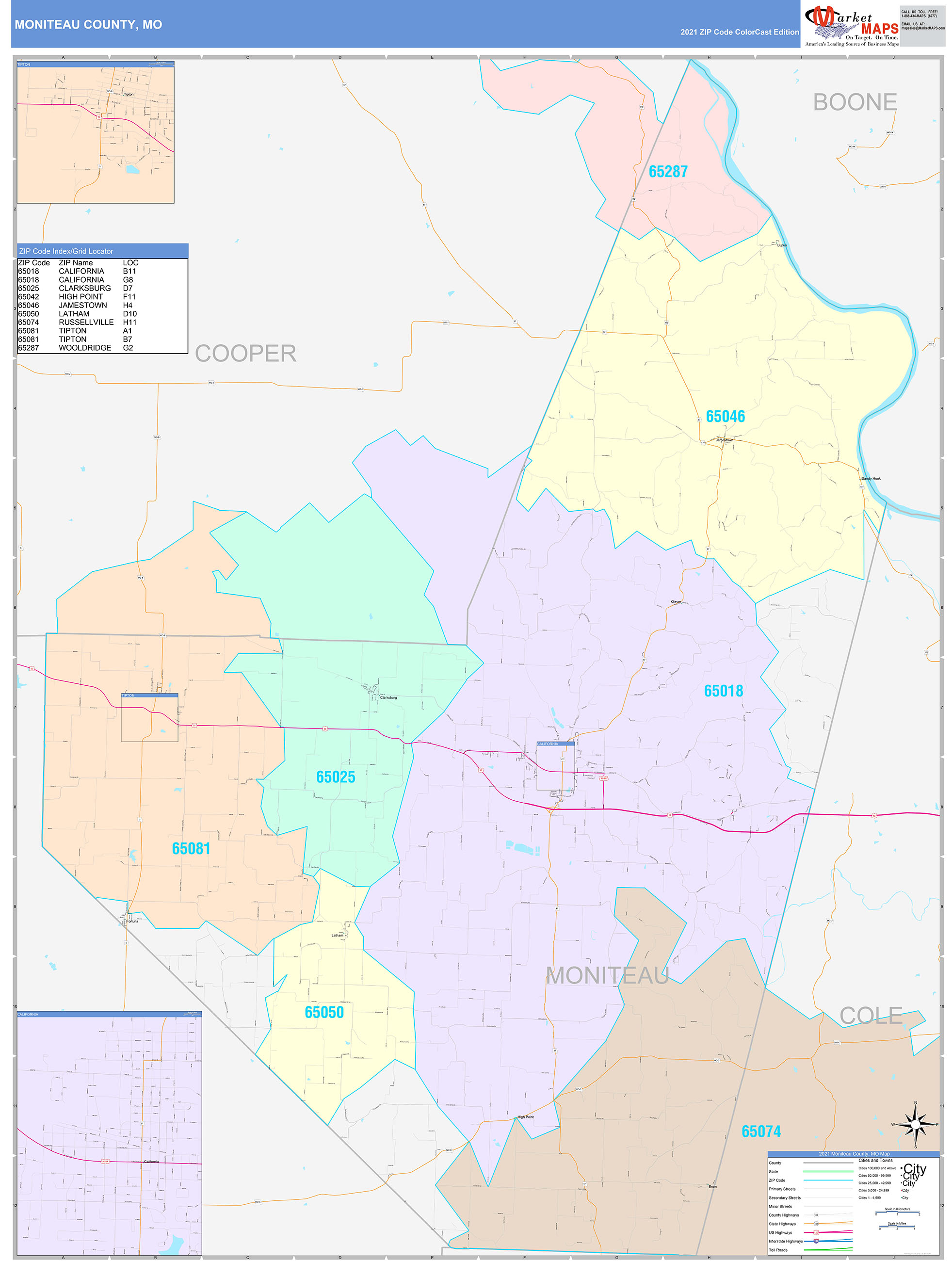 Moniteau County, MO Wall Map Color Cast Style by MarketMAPS - MapSales.com