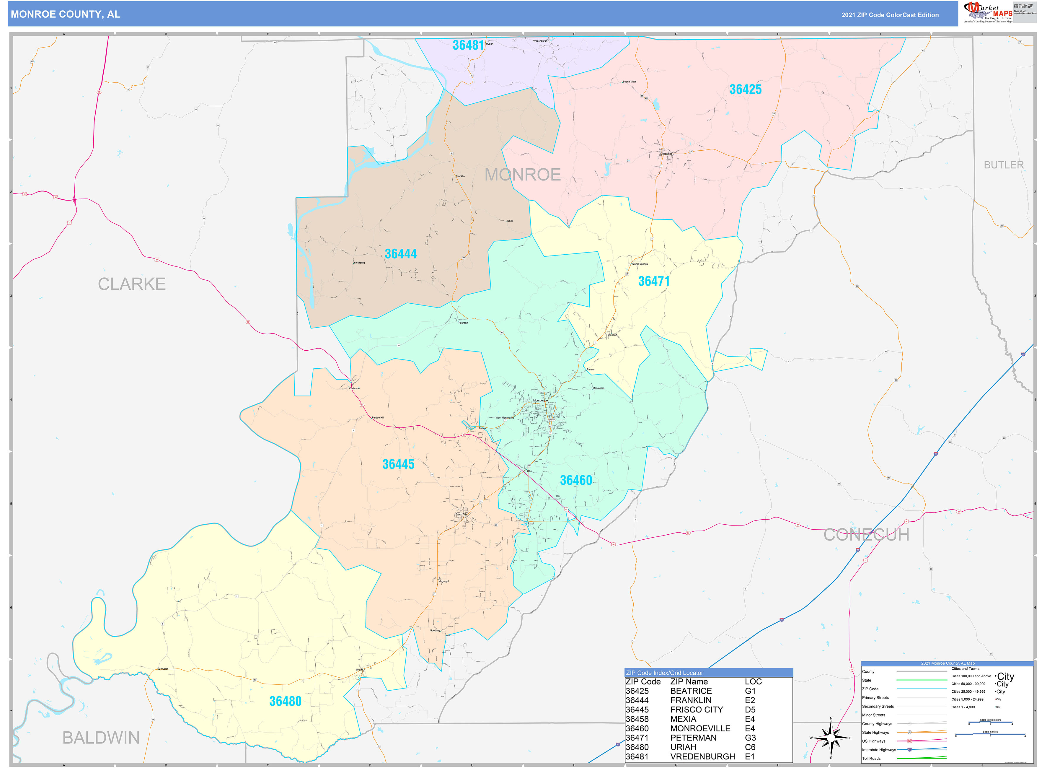 Monroe County, AL Wall Map Color Cast Style by MarketMAPS - MapSales.com