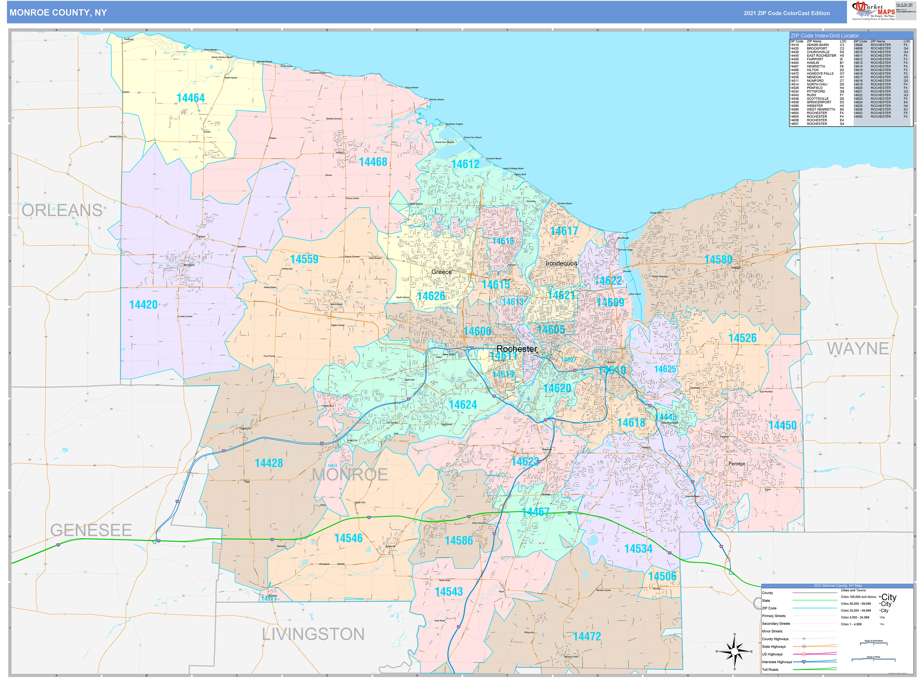 Monroe County, NY Wall Map Color Cast Style by MarketMAPS