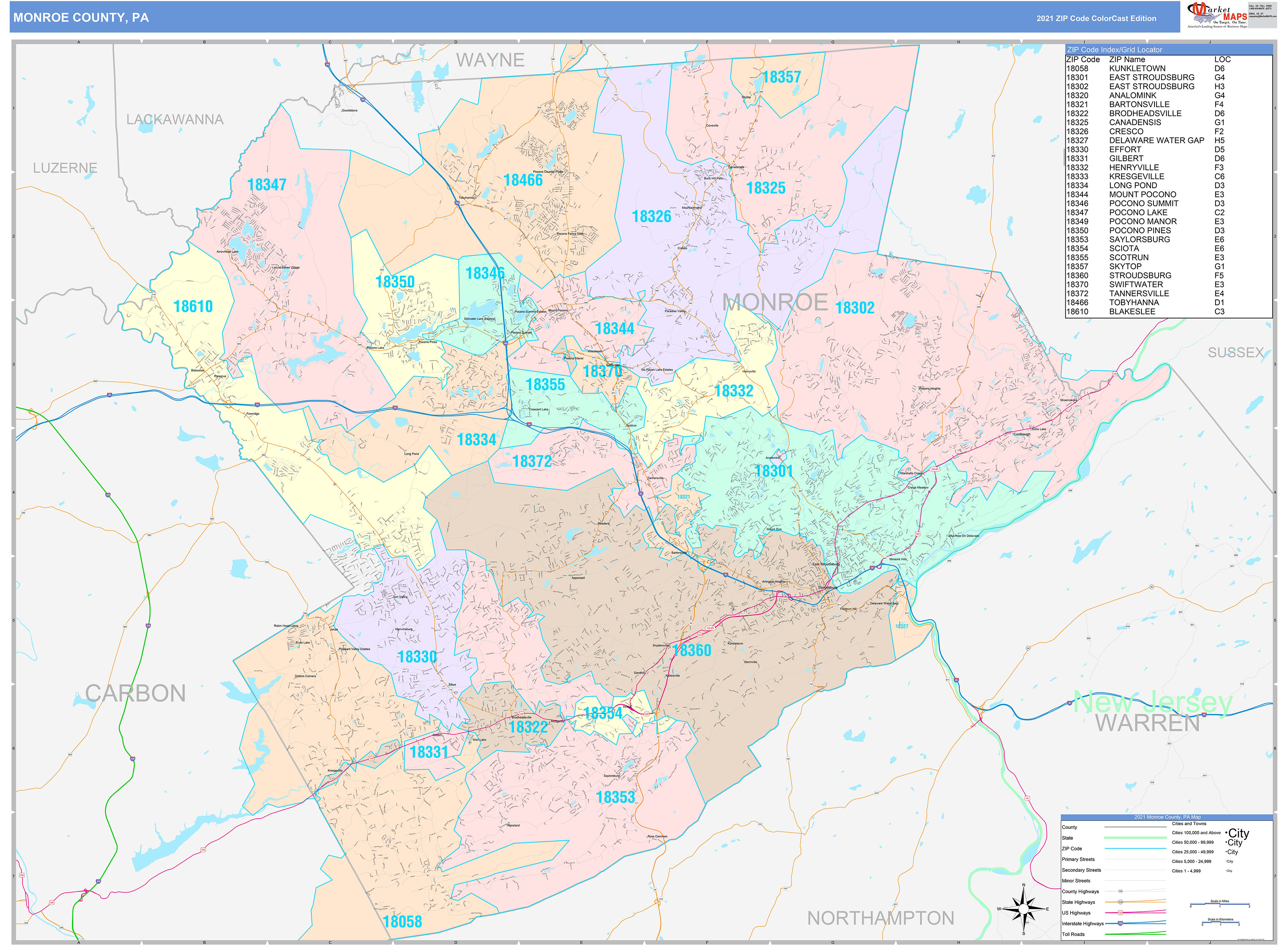 Monroe County, PA Wall Map Color Cast Style by MarketMAPS