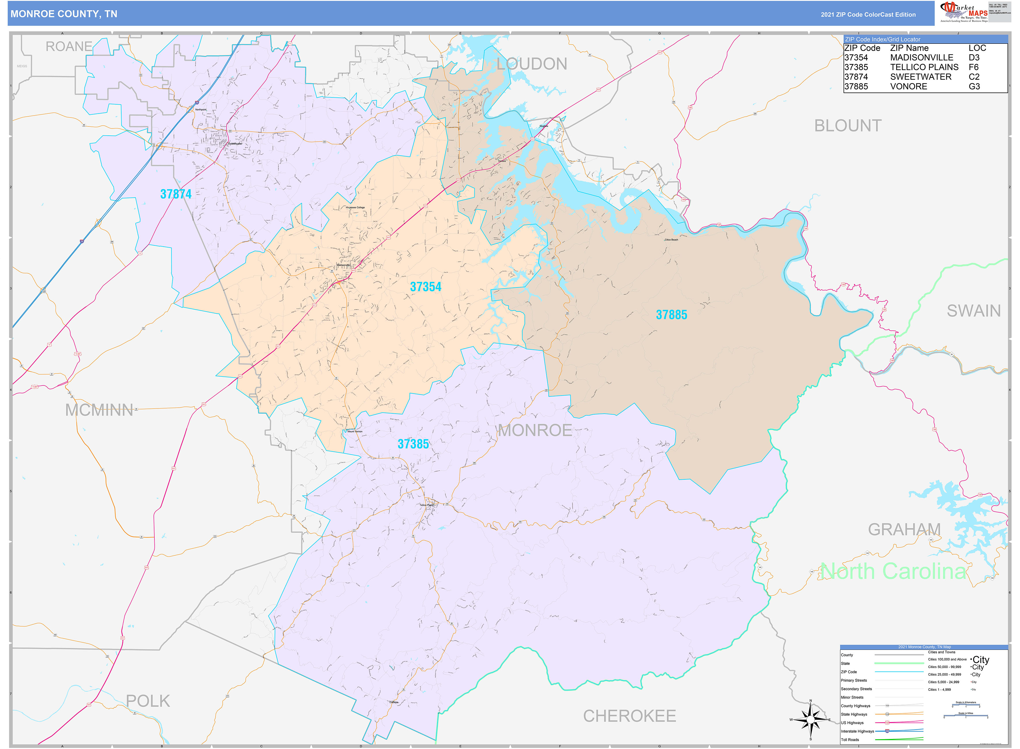 Monroe County, TN Wall Map Color Cast Style by MarketMAPS - MapSales.com