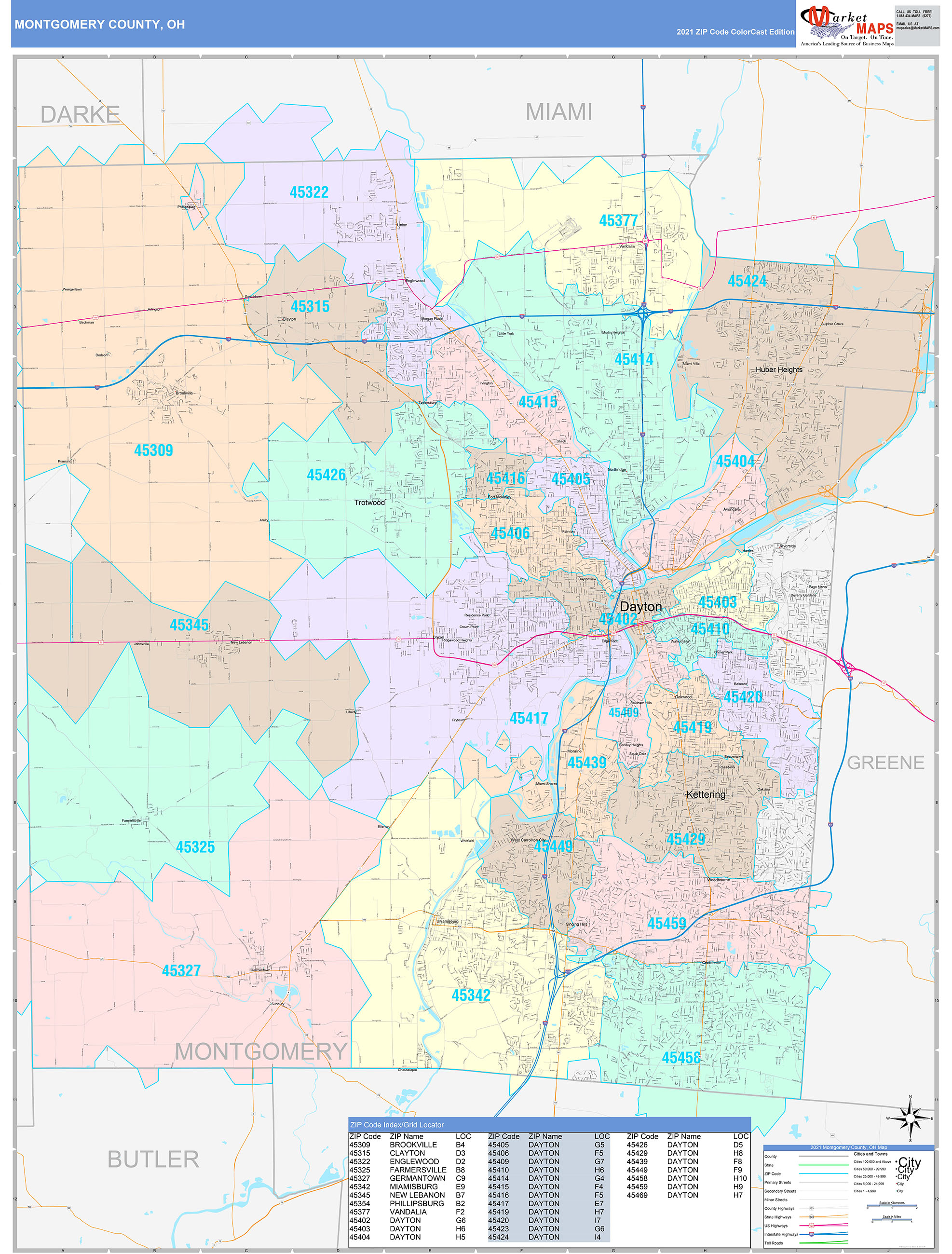 Montgomery County, OH Wall Map Color Cast Style by MarketMAPS MapSales