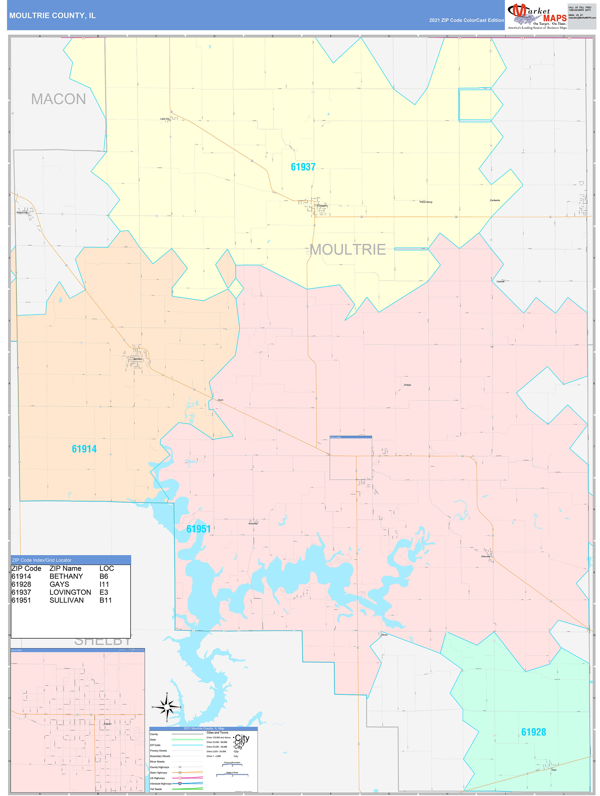 Moultrie County, IL Wall Map Color Cast Style by MarketMAPS