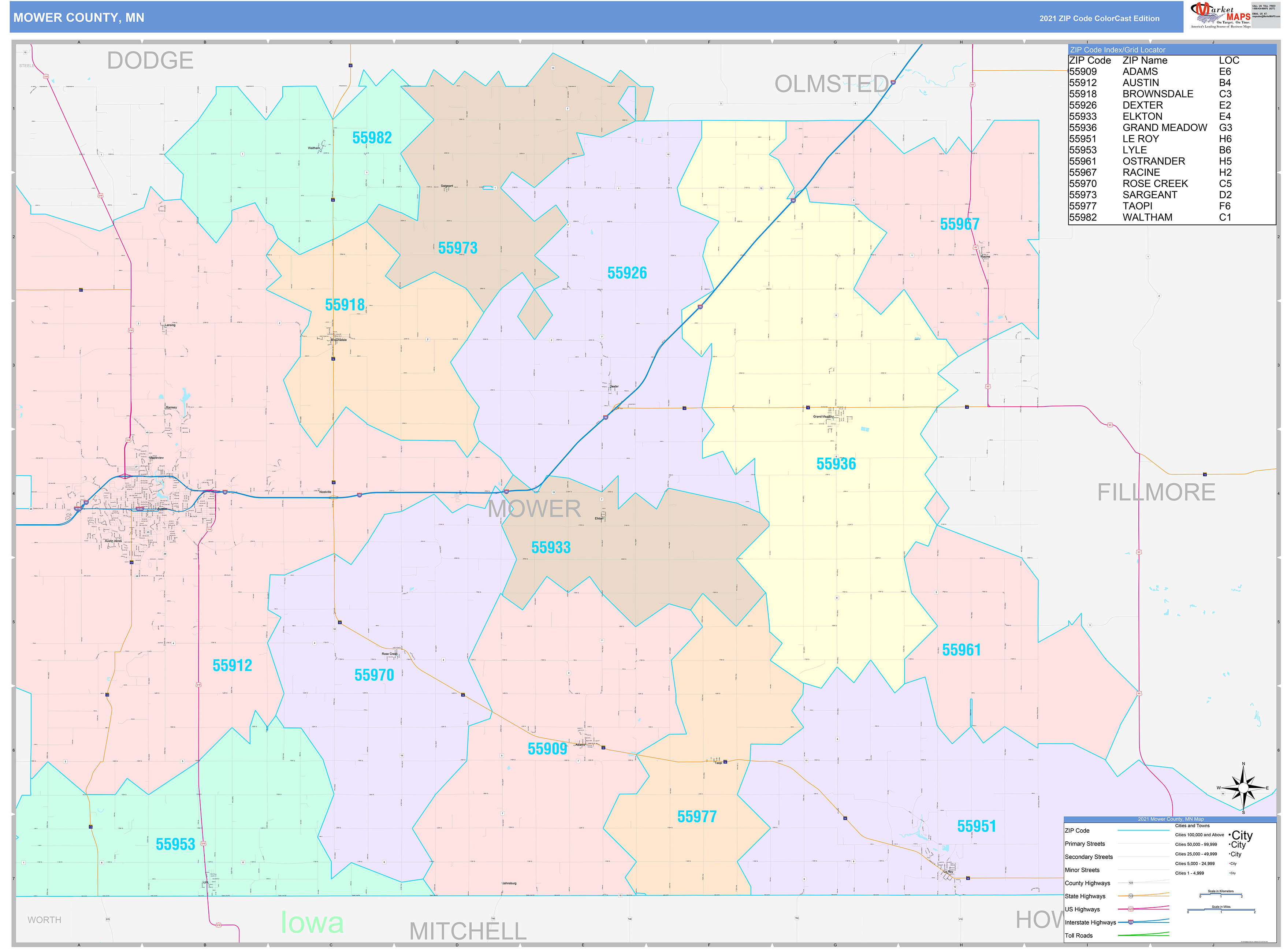 Mower County, MN Wall Map Color Cast Style by MarketMAPS