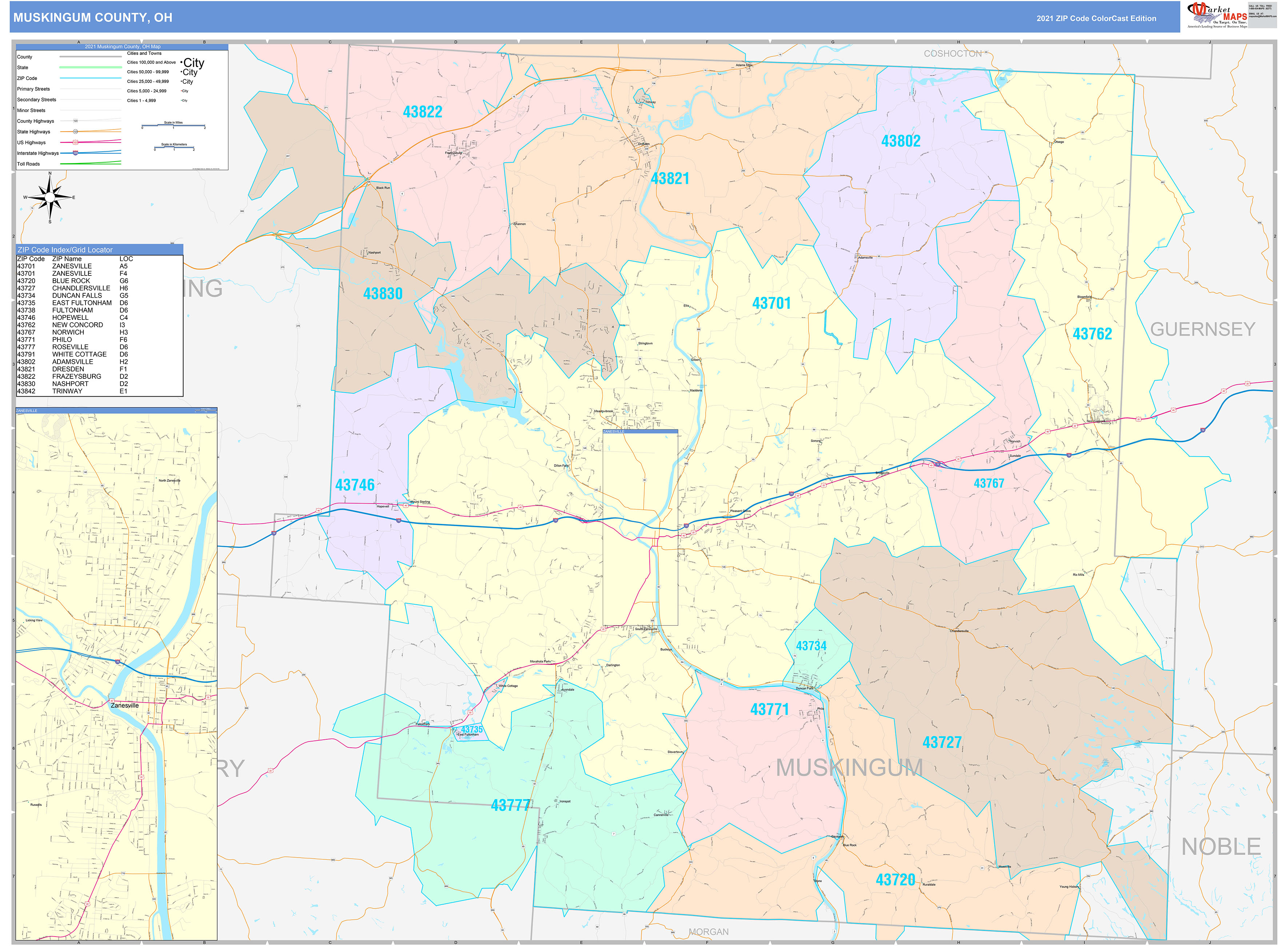 Muskingum County Oh Wall Map Color Cast Style By Marketmaps Mapsales 4053