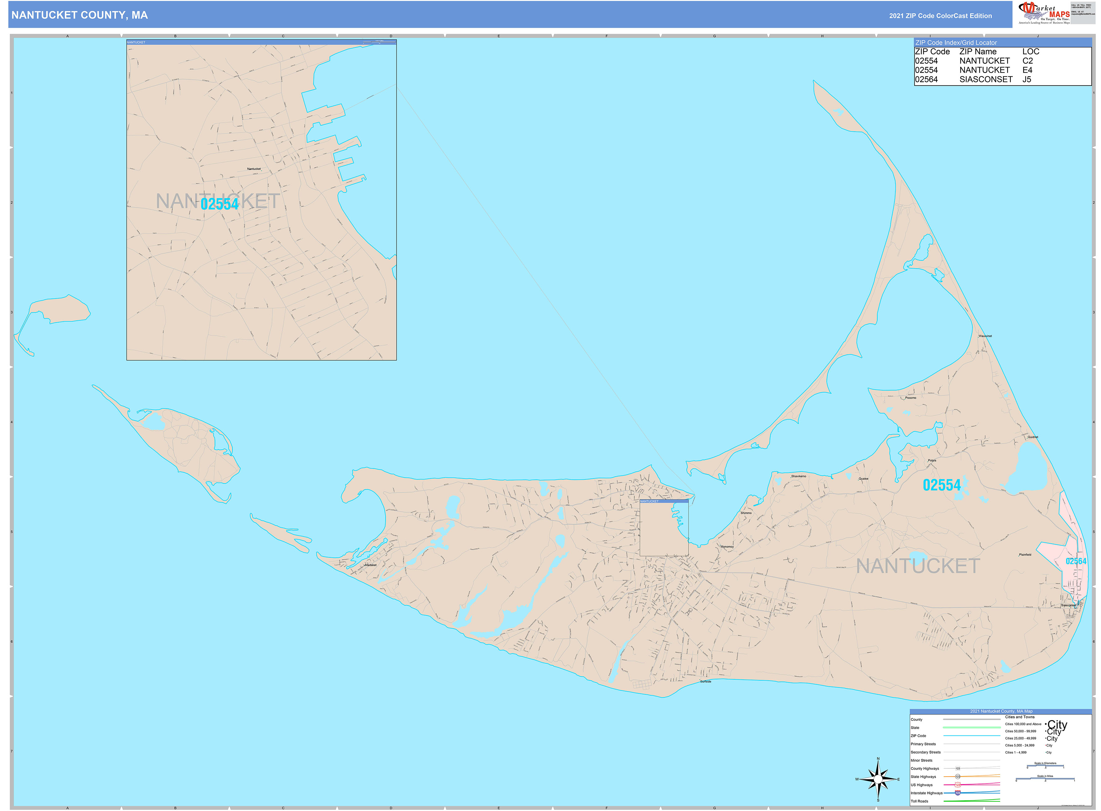 Nantucket County, MA Wall Map Color Cast Style by MarketMAPS