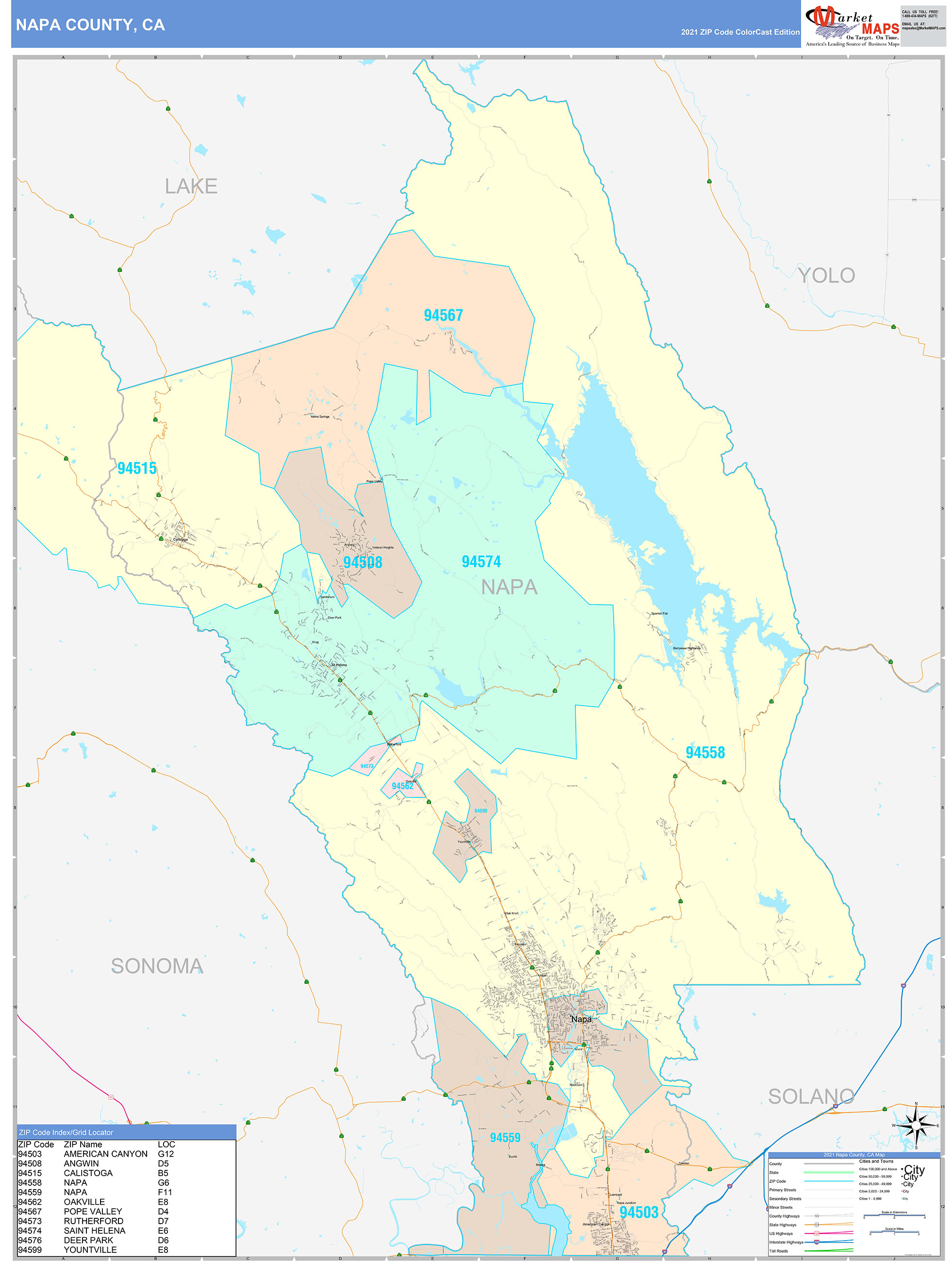 Napa County, CA Wall Map Color Cast Style by MarketMAPS MapSales