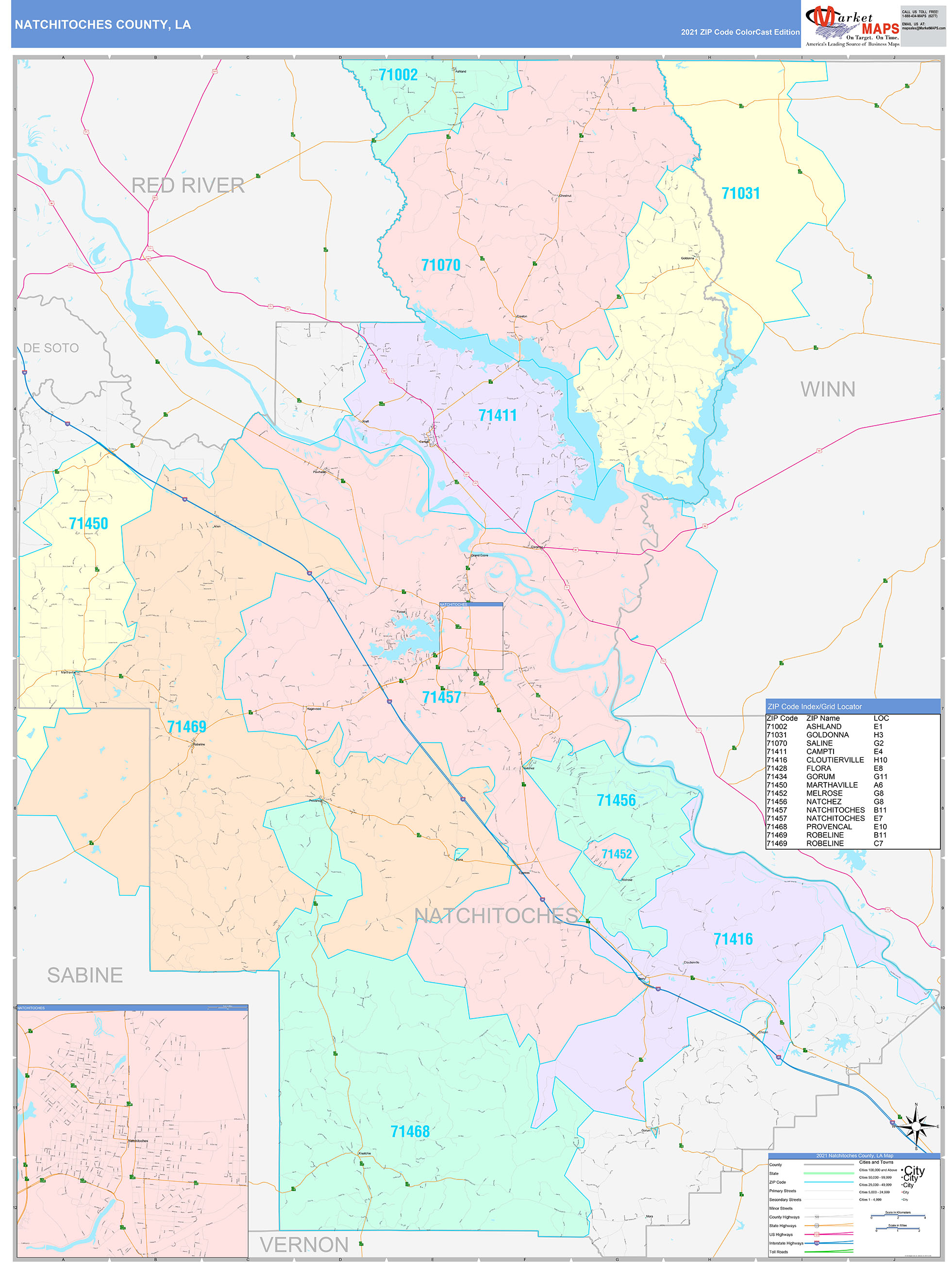 Natchitoches County, LA Wall Map Color Cast Style by MarketMAPS ...