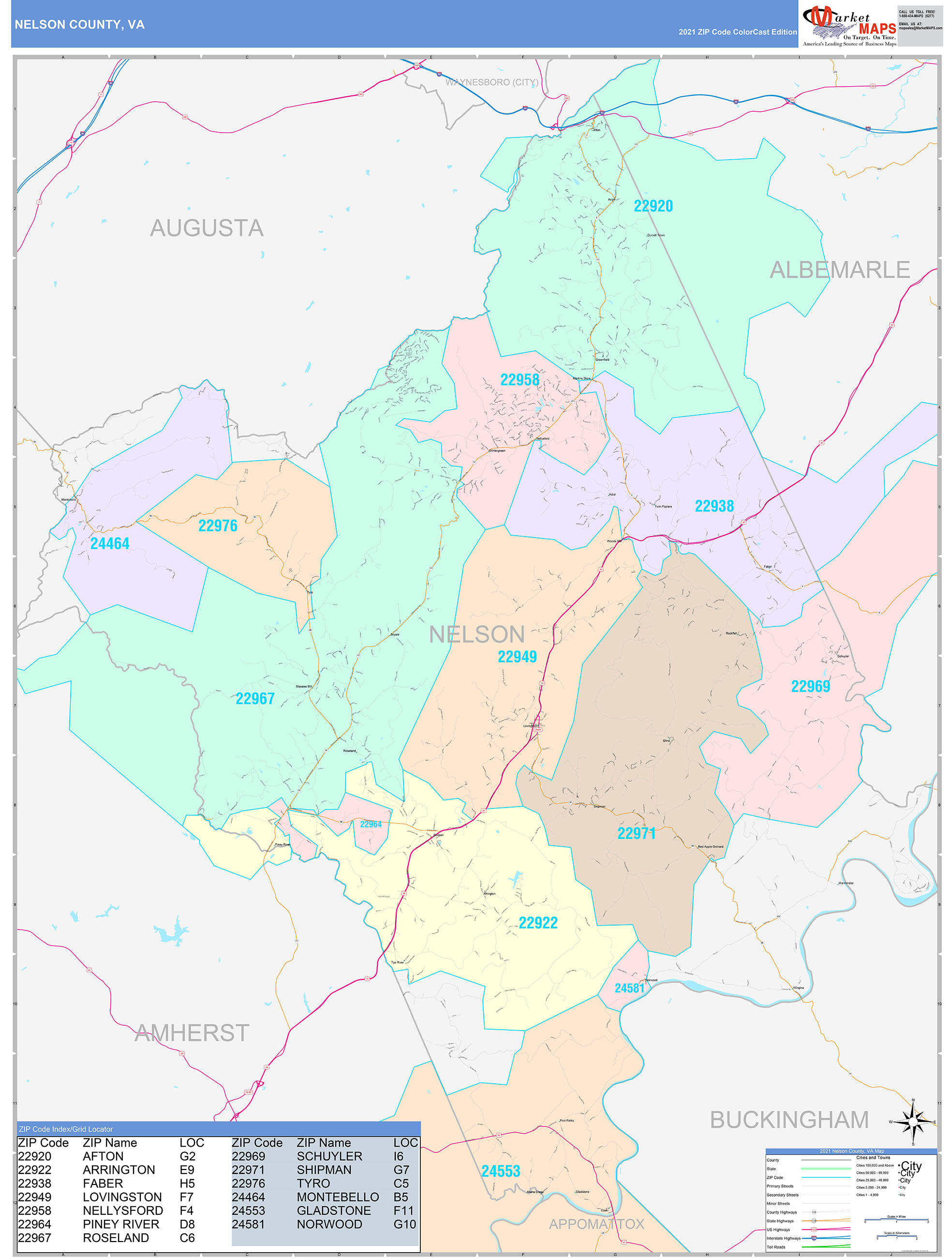 Nelson County, VA Wall Map Color Cast Style by MarketMAPS