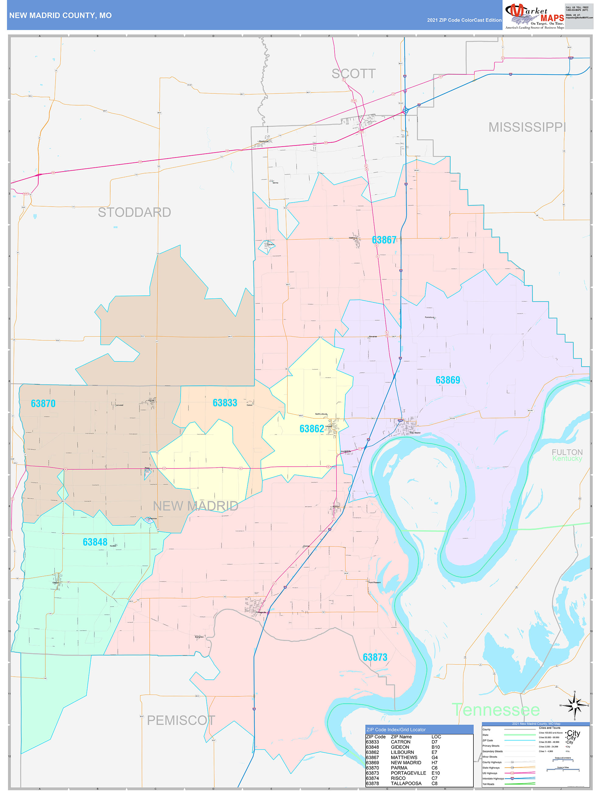 New Madrid County, MO Wall Map Color Cast Style by MarketMAPS