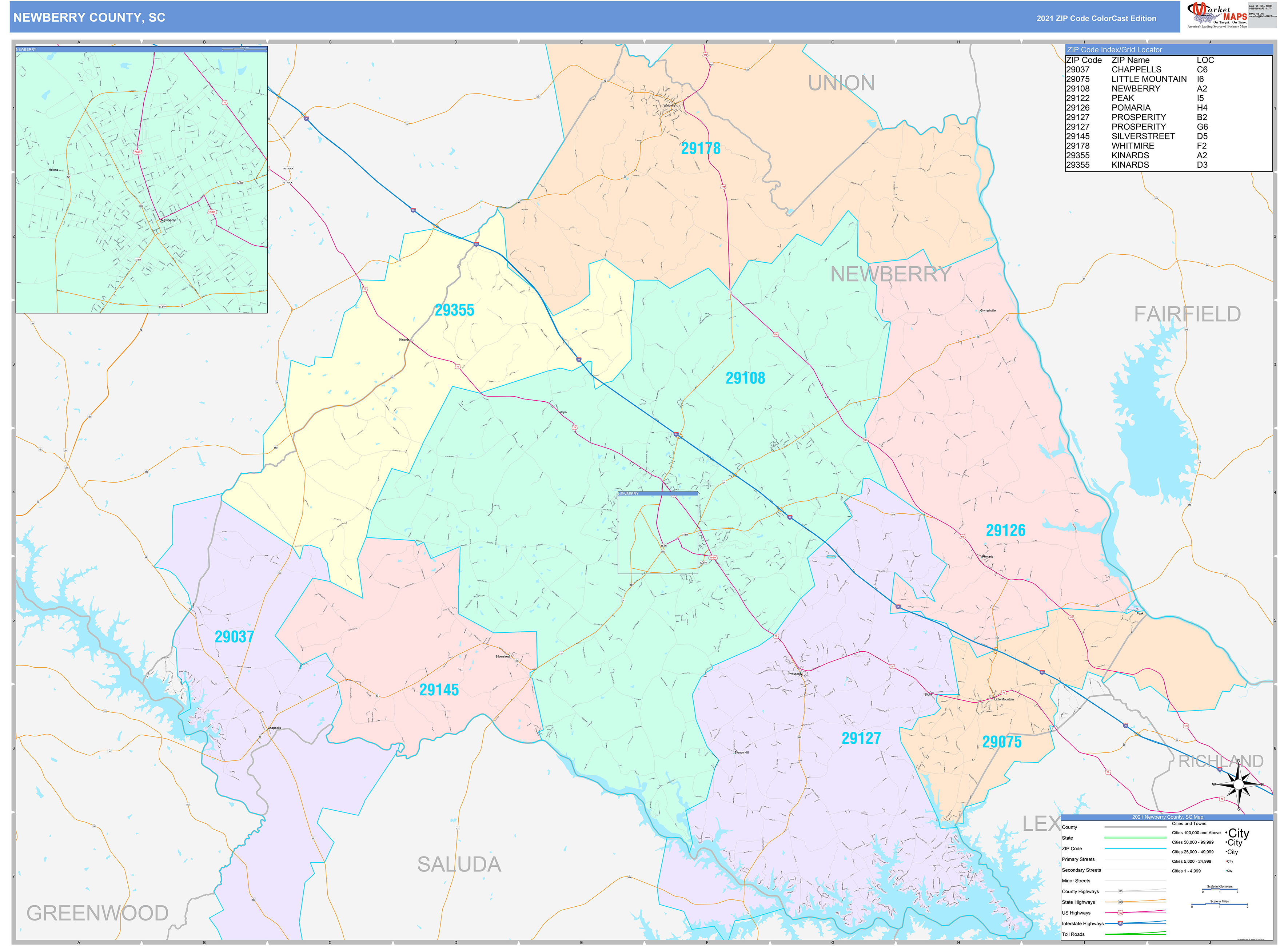 Newberry County, SC Wall Map Color Cast Style by MarketMAPS - MapSales.com