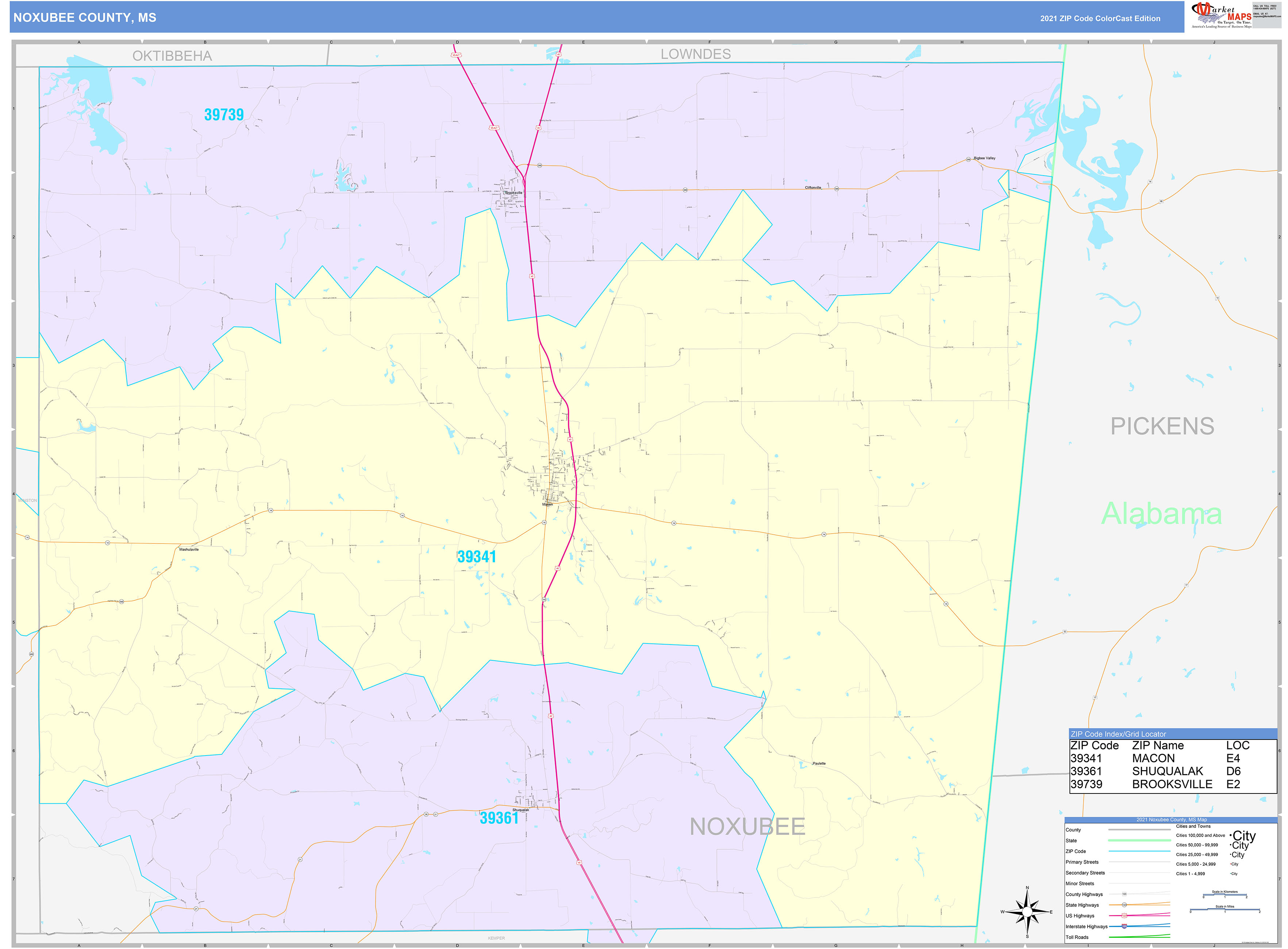 Noxubee County, MS Wall Map Color Cast Style by MarketMAPS - MapSales.com