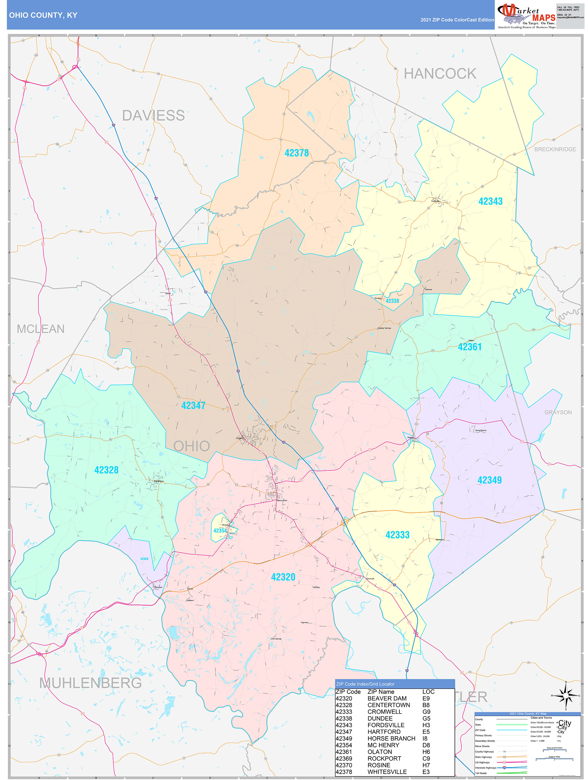 Ohio County, KY Wall Map Color Cast Style by MarketMAPS