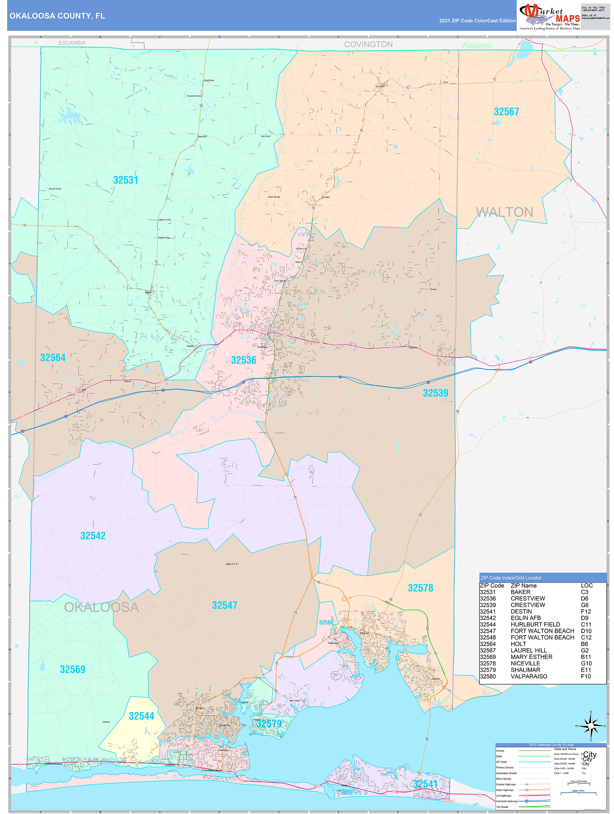 Okaloosa County FL Wall Map Color Cast Style by MarketMAPS MapSales
