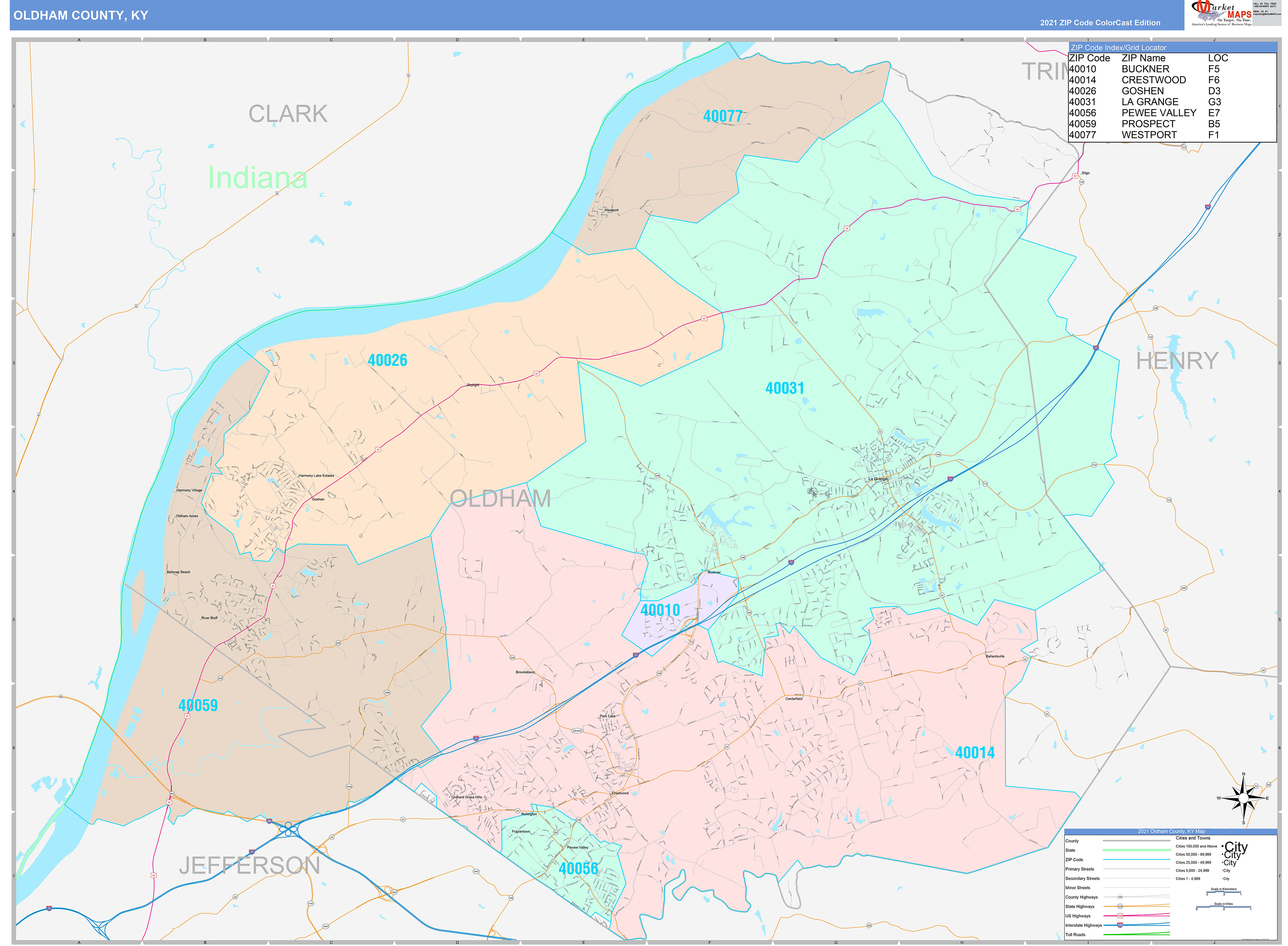 Oldham County, KY Wall Map Color Cast Style by MarketMAPS