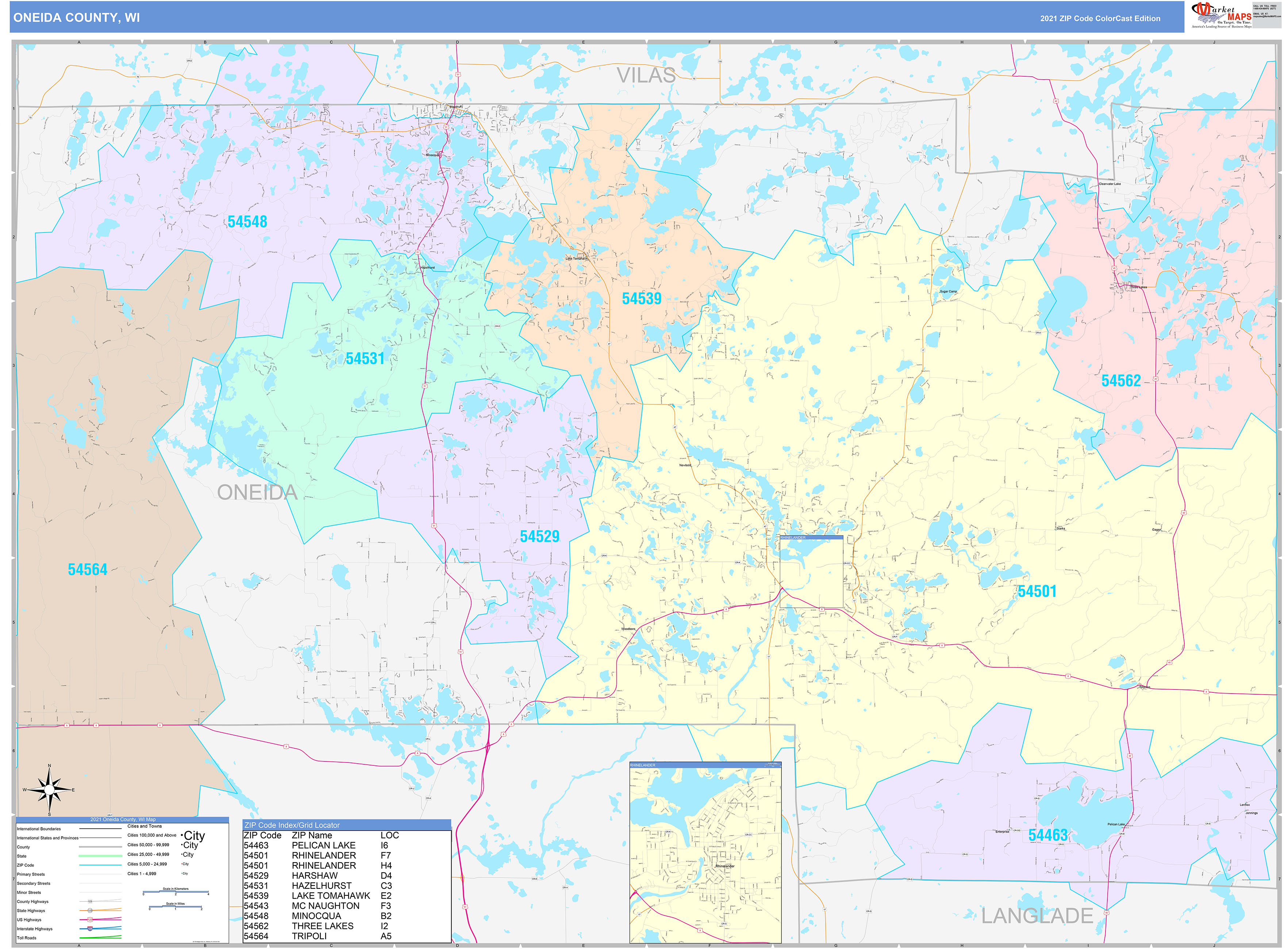 Oneida County, WI Wall Map Color Cast Style by MarketMAPS - MapSales