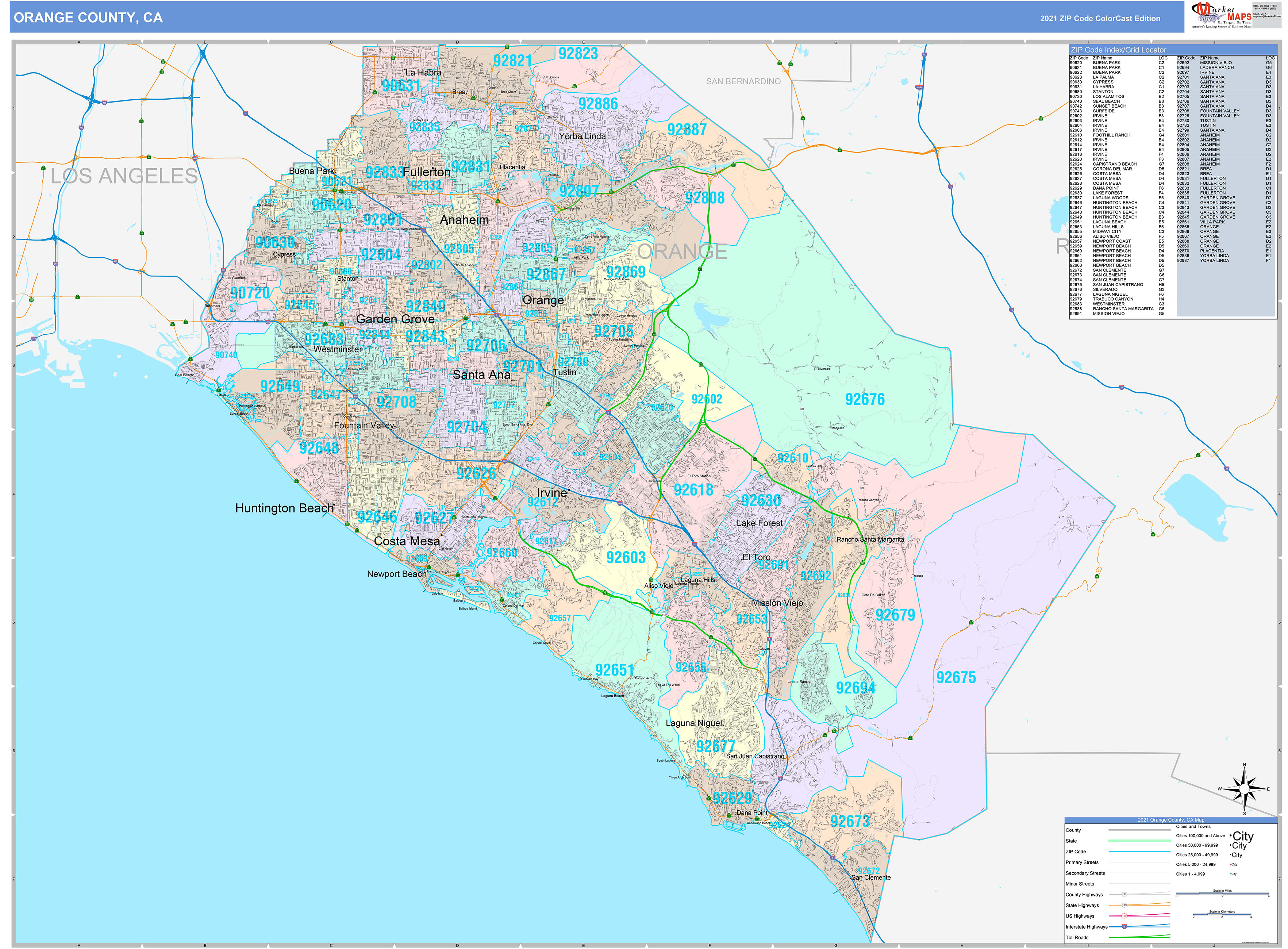 Orange County, CA Wall Map Color Cast Style by MarketMAPS MapSales