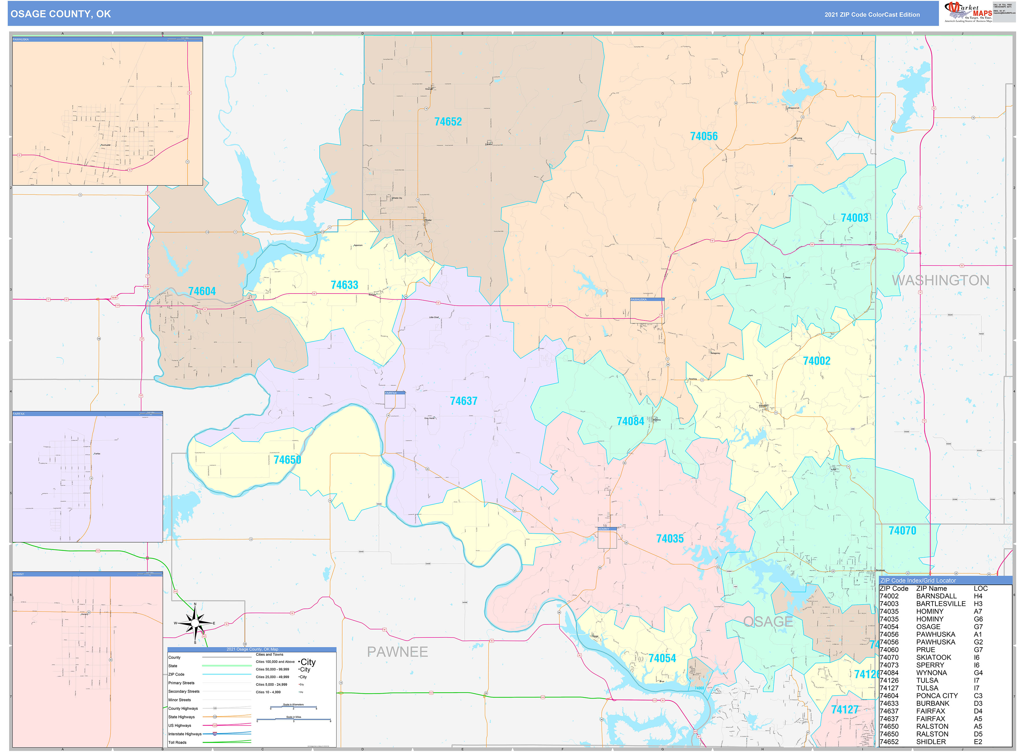 Osage County, OK Wall Map Color Cast Style by MarketMAPS