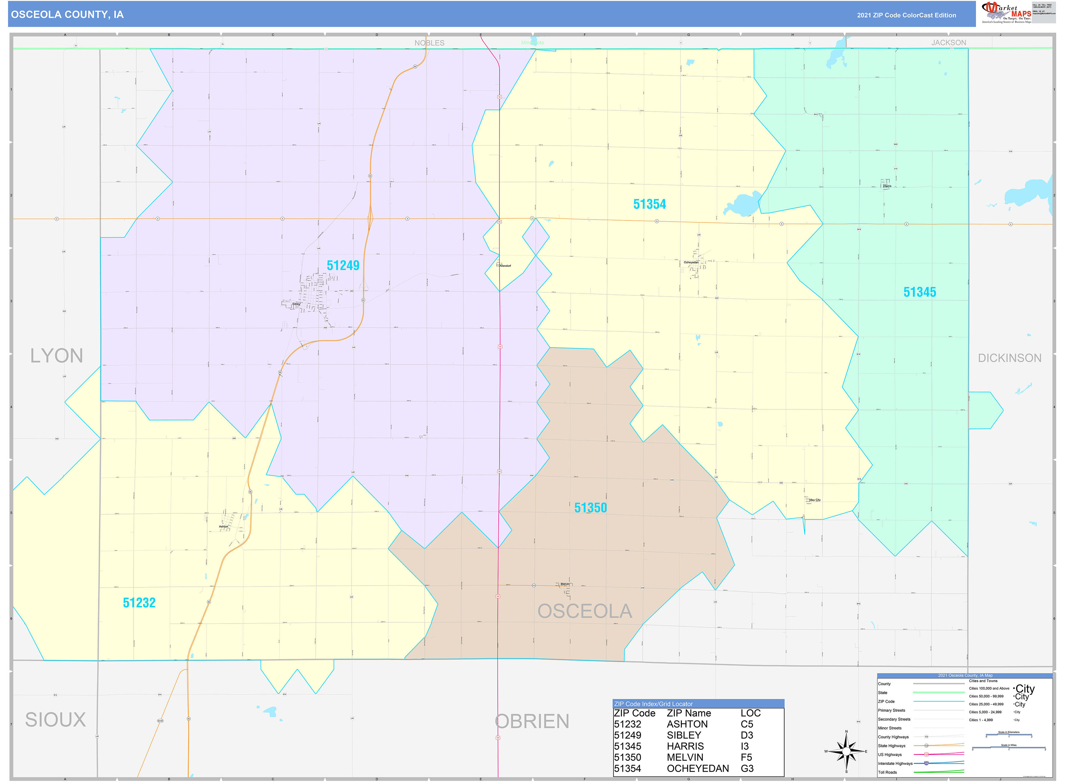 Osceola County, IA Wall Map Color Cast Style by MarketMAPS