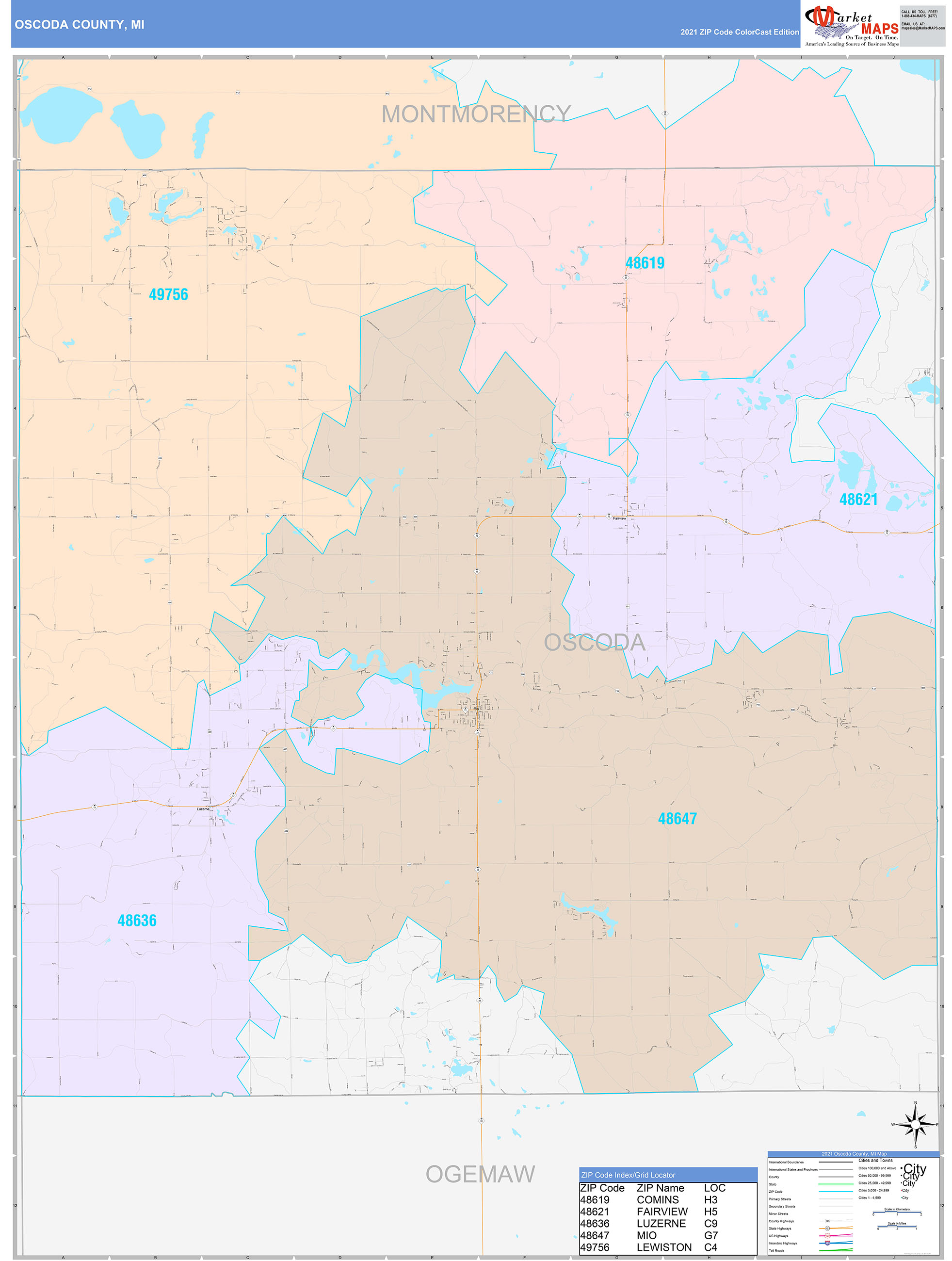 Oscoda County, MI Wall Map Color Cast Style by MarketMAPS - MapSales.com