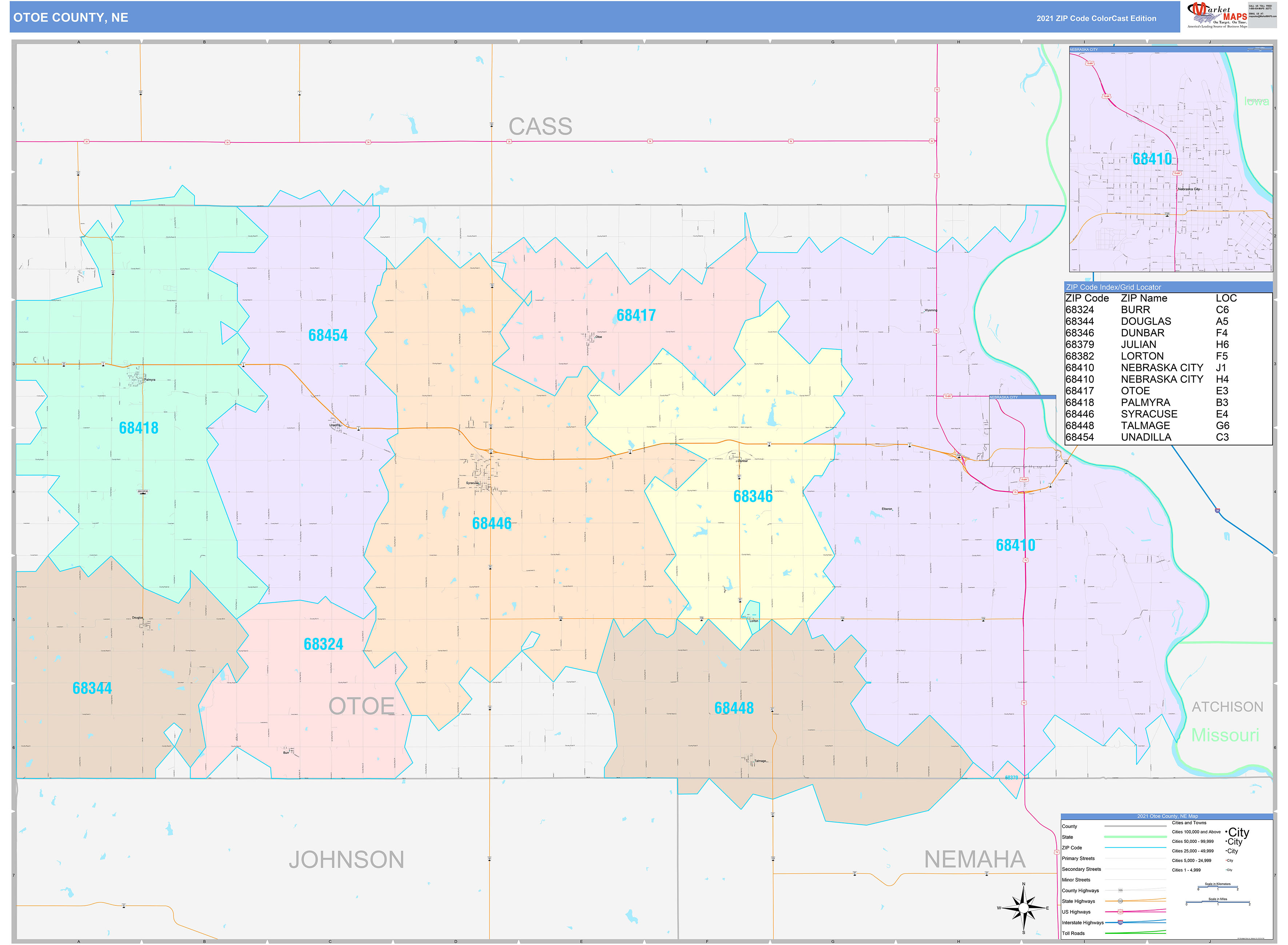 Otoe County, NE Wall Map Color Cast Style by MarketMAPS - MapSales