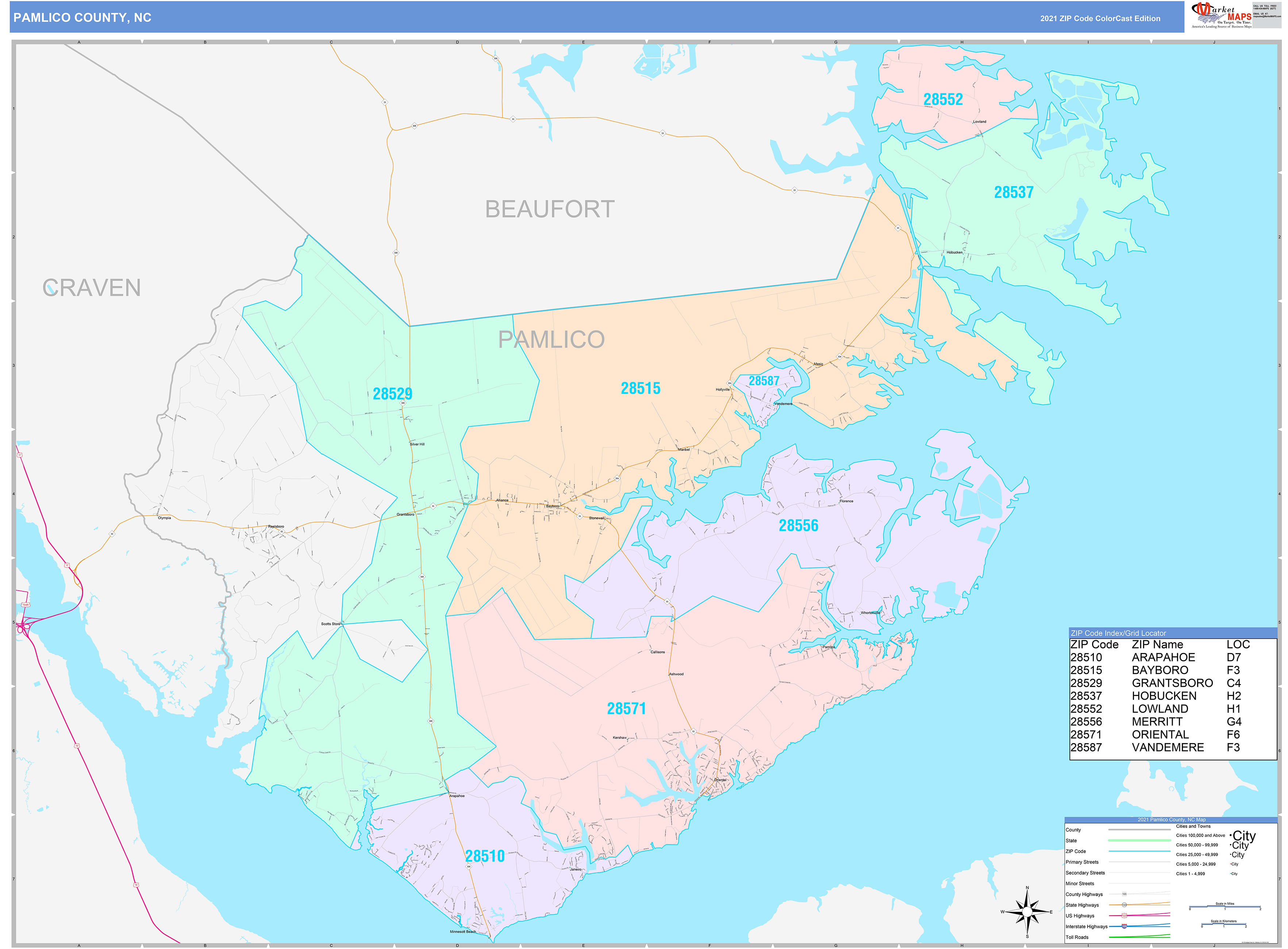 Pamlico County, NC Wall Map Color Cast Style by MarketMAPS - MapSales.com