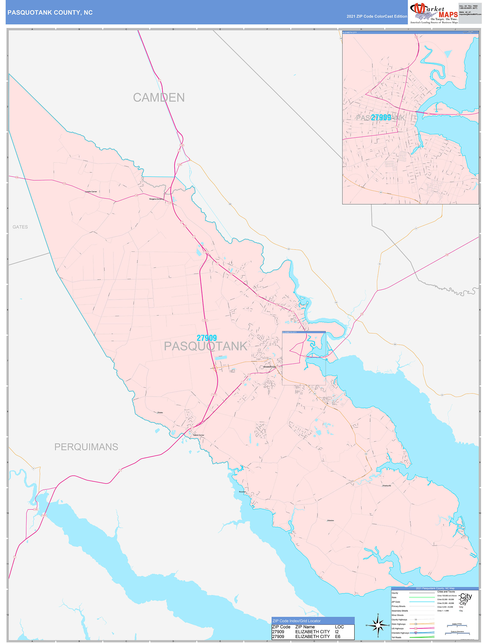 Pasquotank County, NC Wall Map Color Cast Style by MarketMAPS