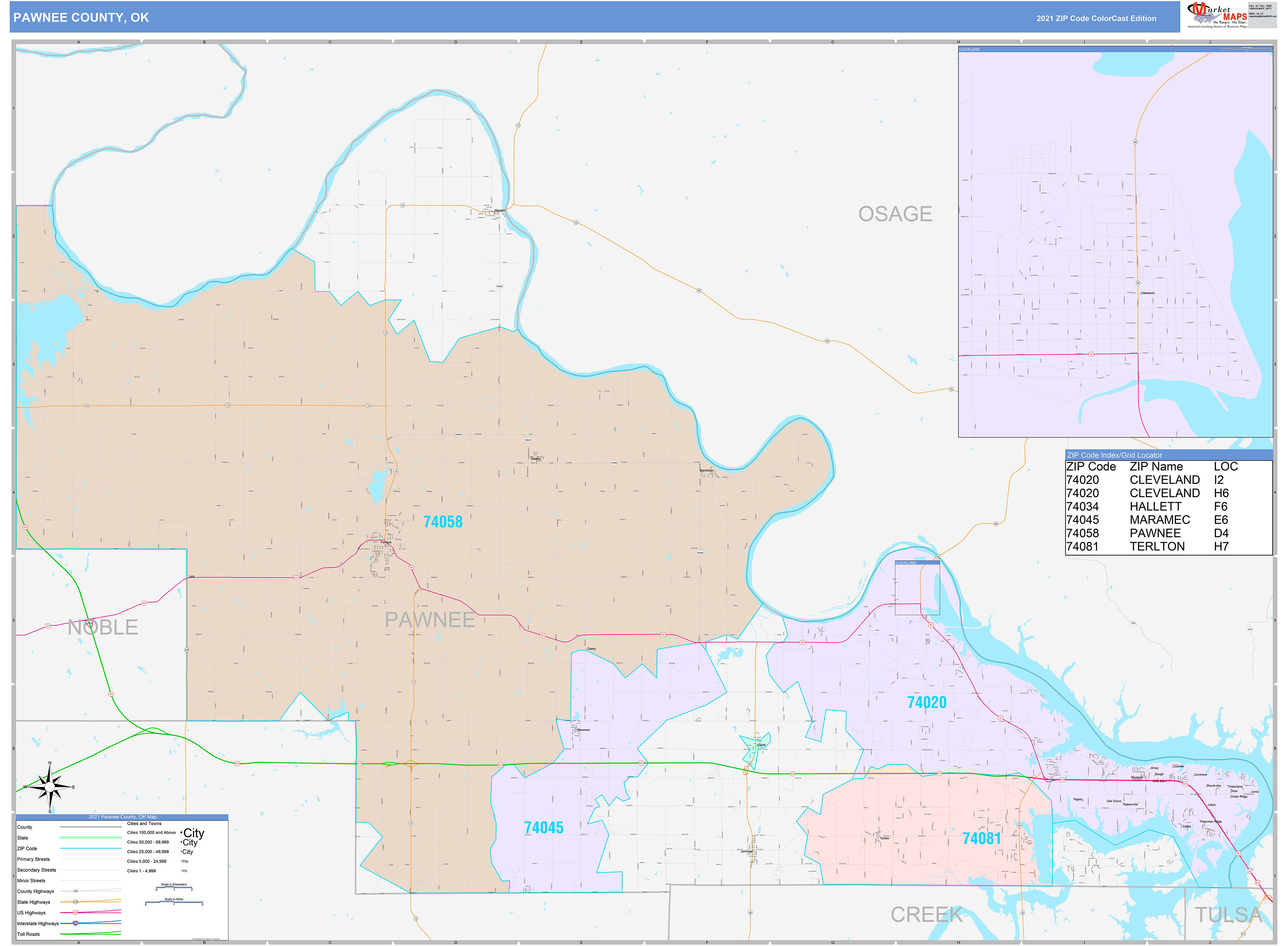 Pawnee County, OK Wall Map Color Cast Style by MarketMAPS - MapSales.com