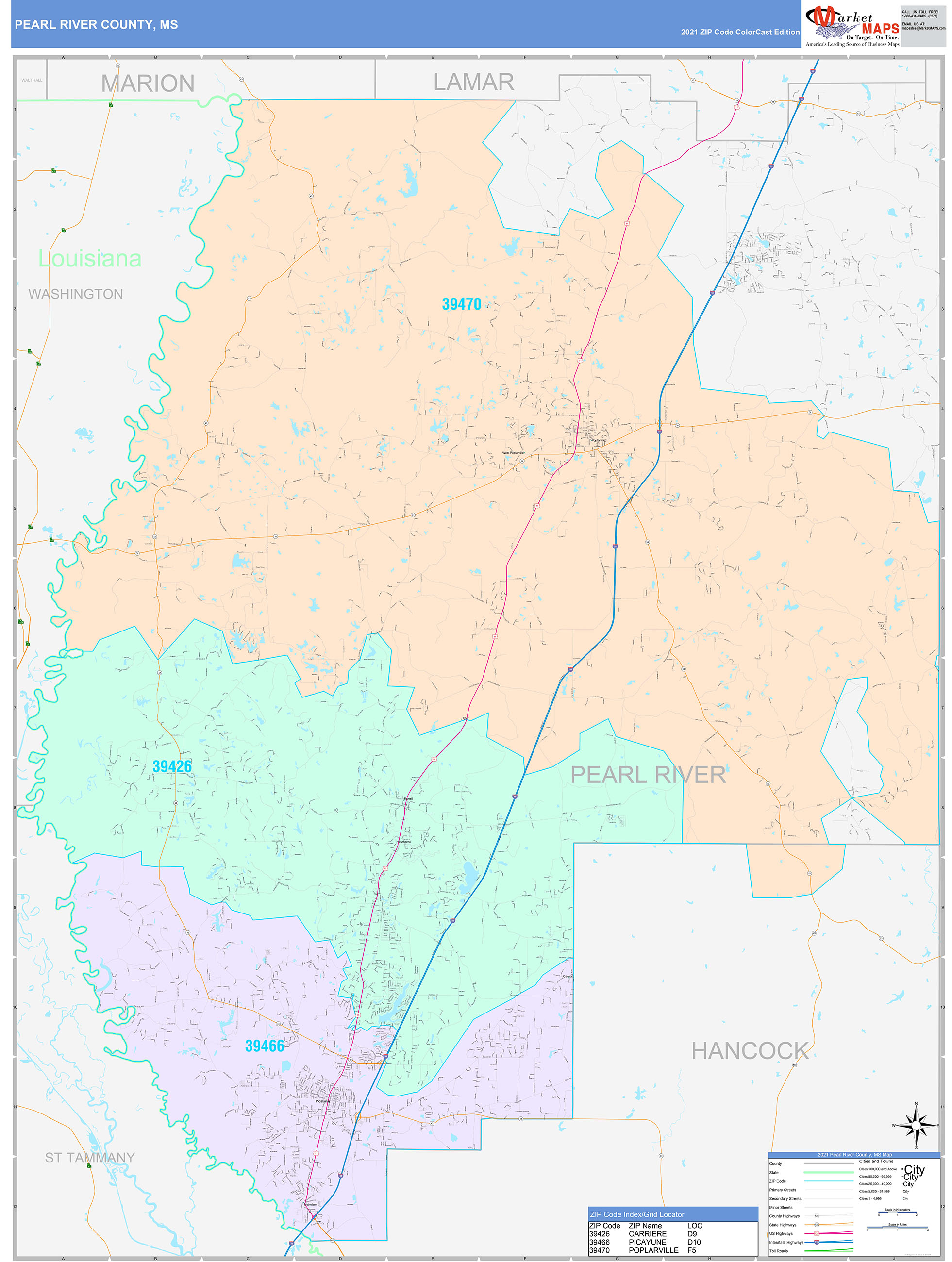 Pearl River County, MS Wall Map Color Cast Style by MarketMAPS