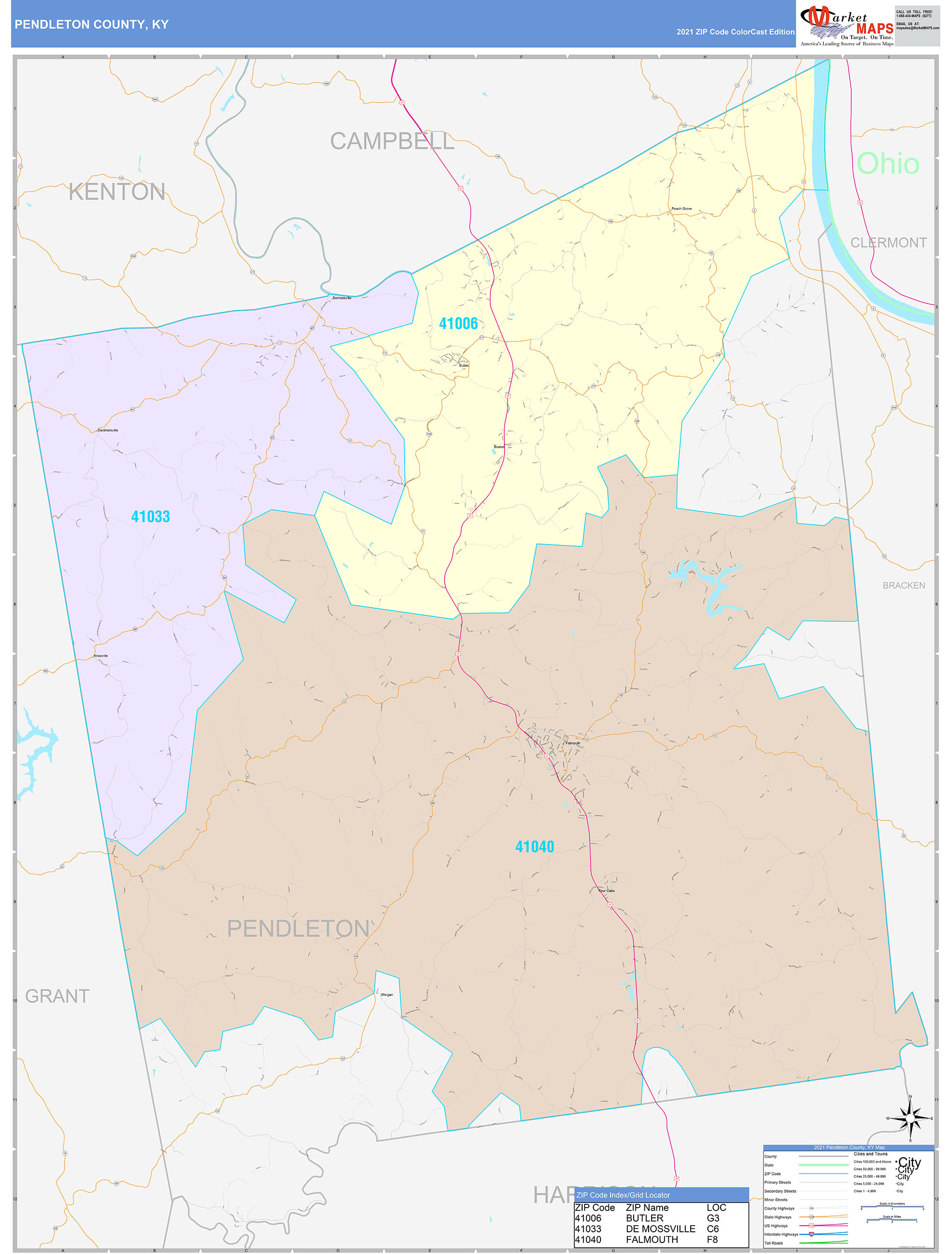 Pendleton County, KY Wall Map Color Cast Style by MarketMAPS